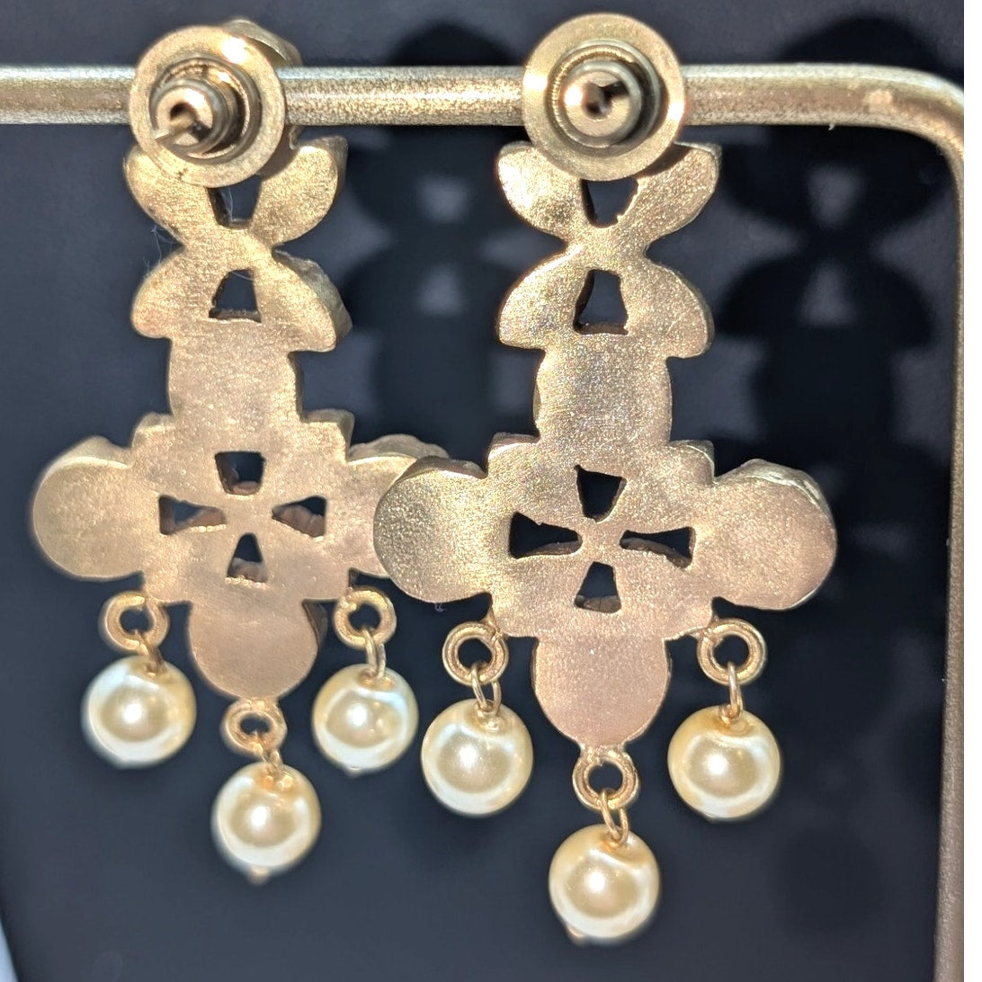 Well Made Gold Tone Non Metallic Blue Glass Pearl Dangle Long Post Earrings