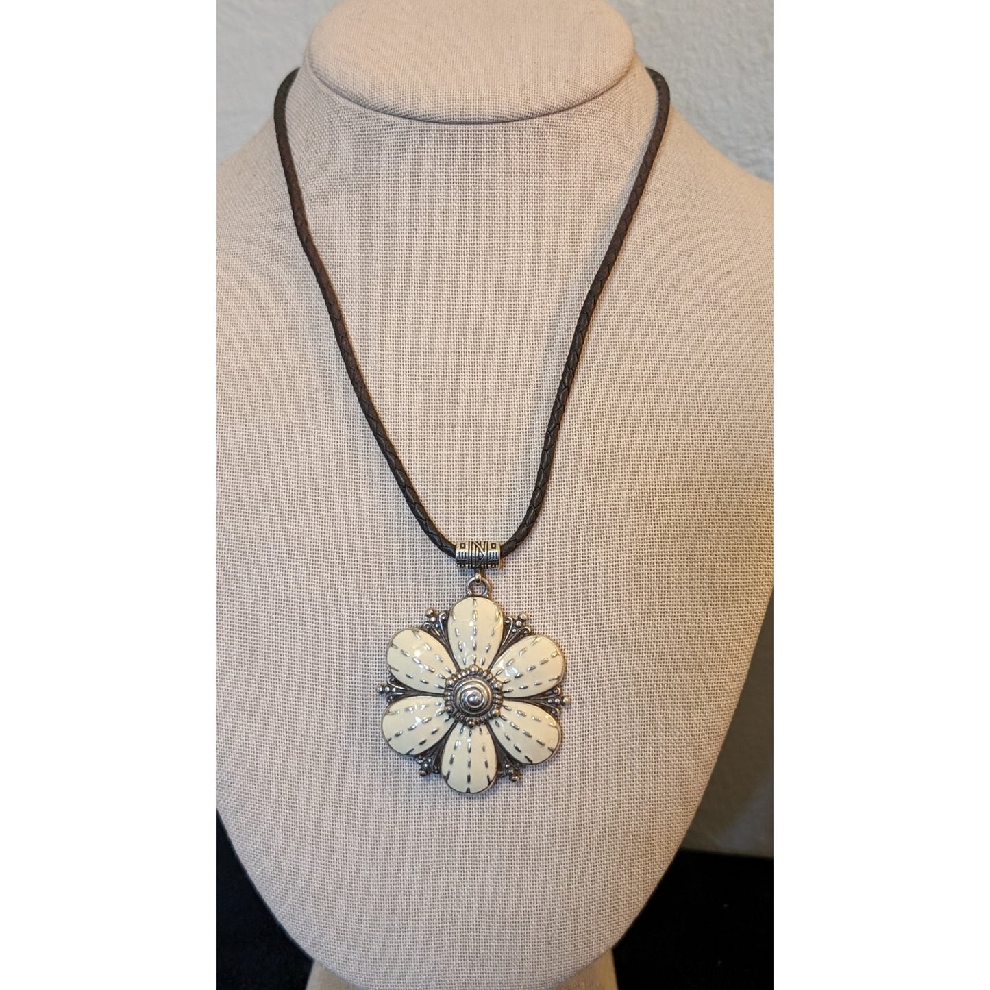 BRIGHTON Retired Rare Cream Enamel Flower Pendant Braided Leather Necklace