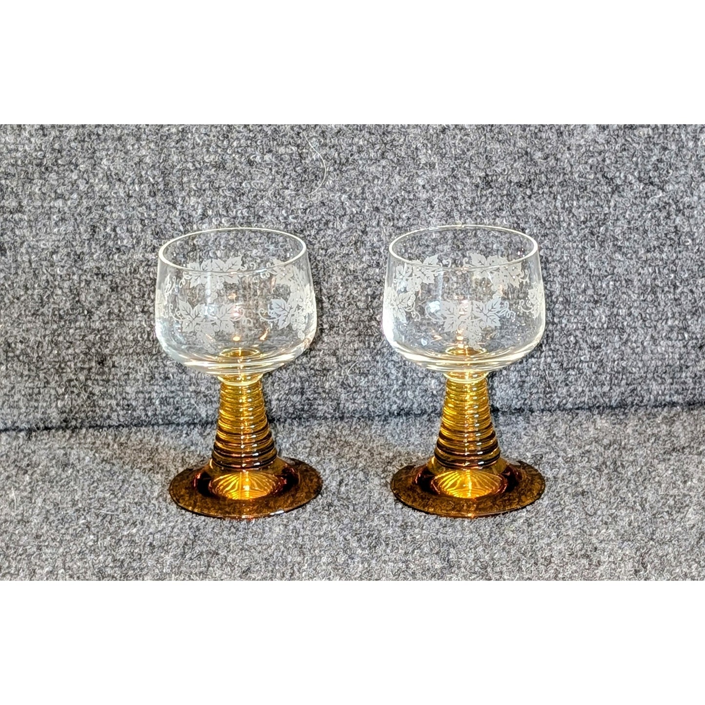 Two German Schott-Zwiesel Etched Grapes & Leaves Amber Stem Roemer Wine Glasses
