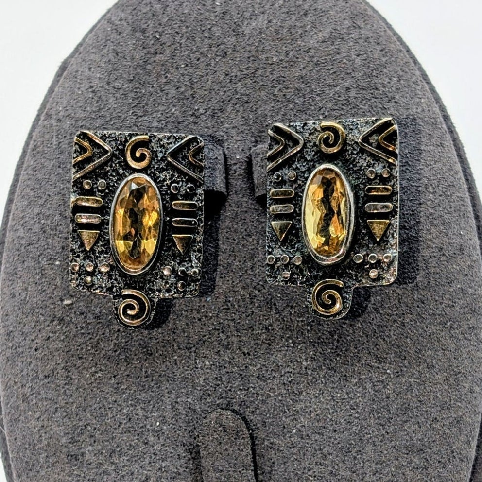 925 Oxidized Sterling Silver Citrine Aztec Designs Two Tone Post Earrings