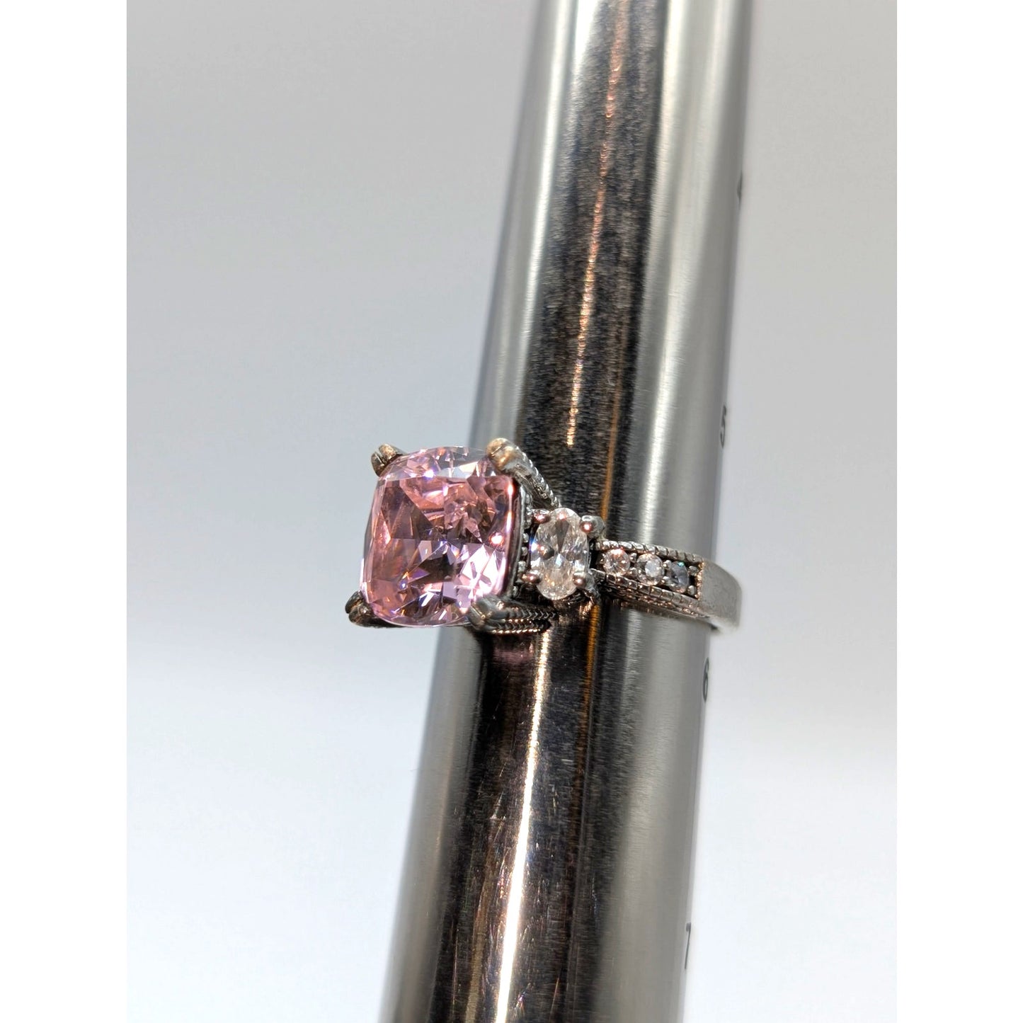 925 Sterling Silver Pink Multi Faceted Cushion Cut & CZ Ring Size 5.75