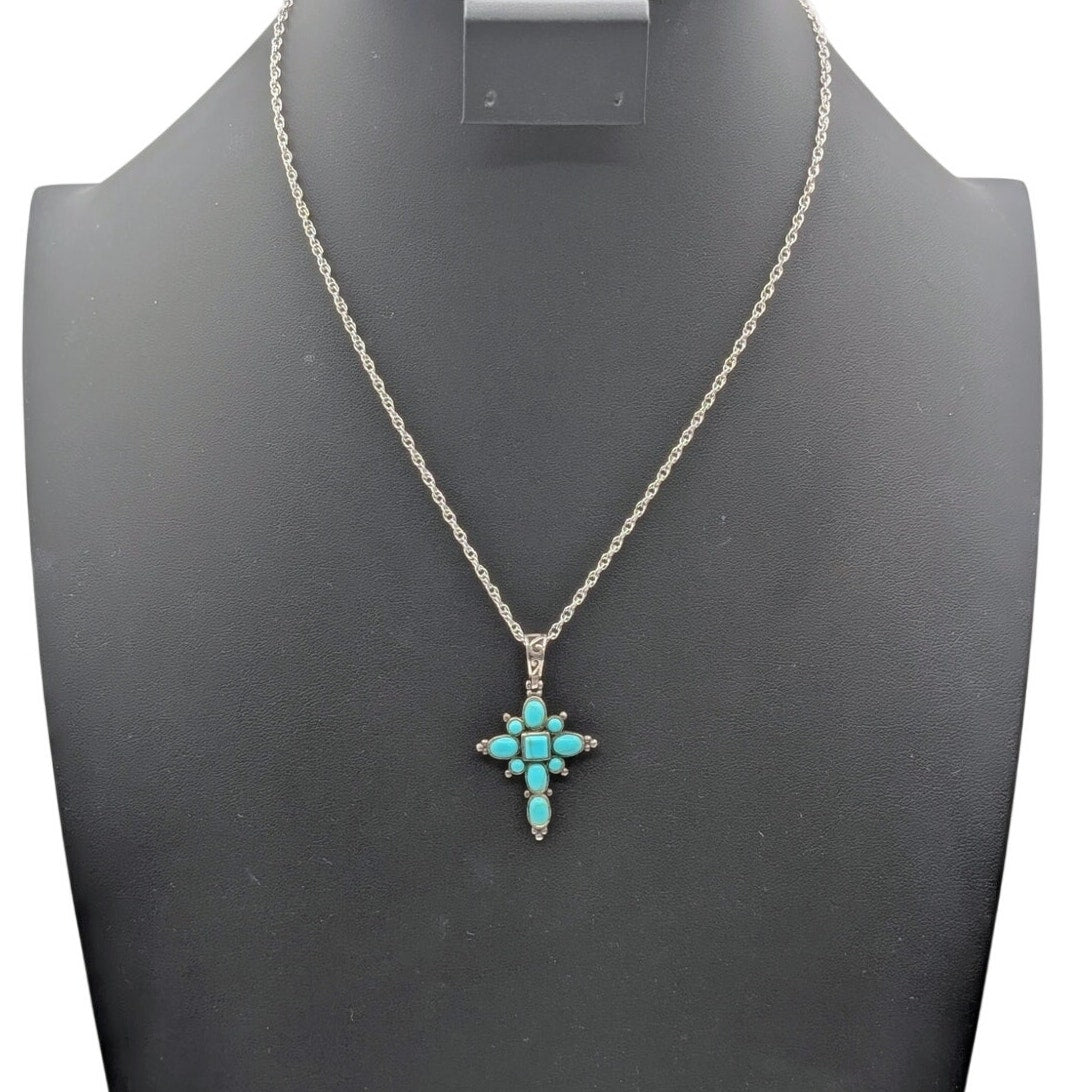Vintage Joseph Cleary Turquoise Sterling 925 Cross Pendant 18" Chain Necklace