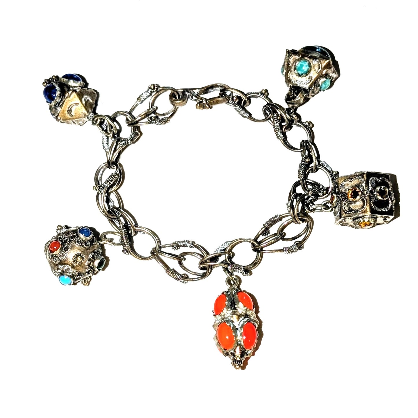 Antique Etruscan Revival 800 Silver Ornate Multi-Stone Charm Fob Bracelet