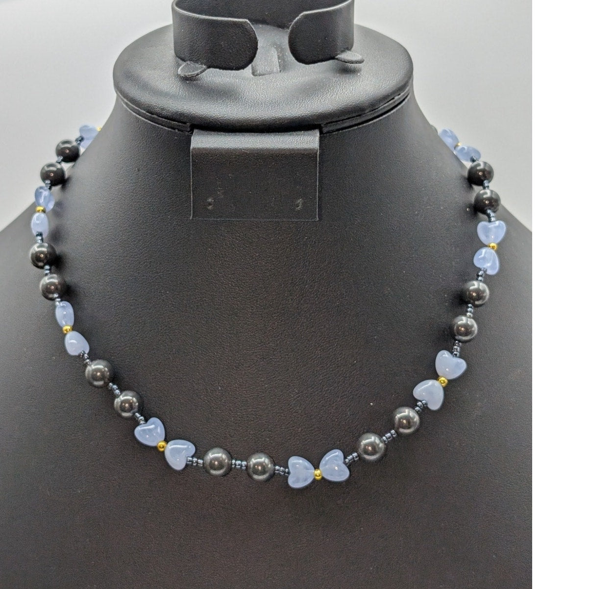 Vintage Gray Glass & Light Blue Heart Bead 18" Barrel Clasp Necklace
