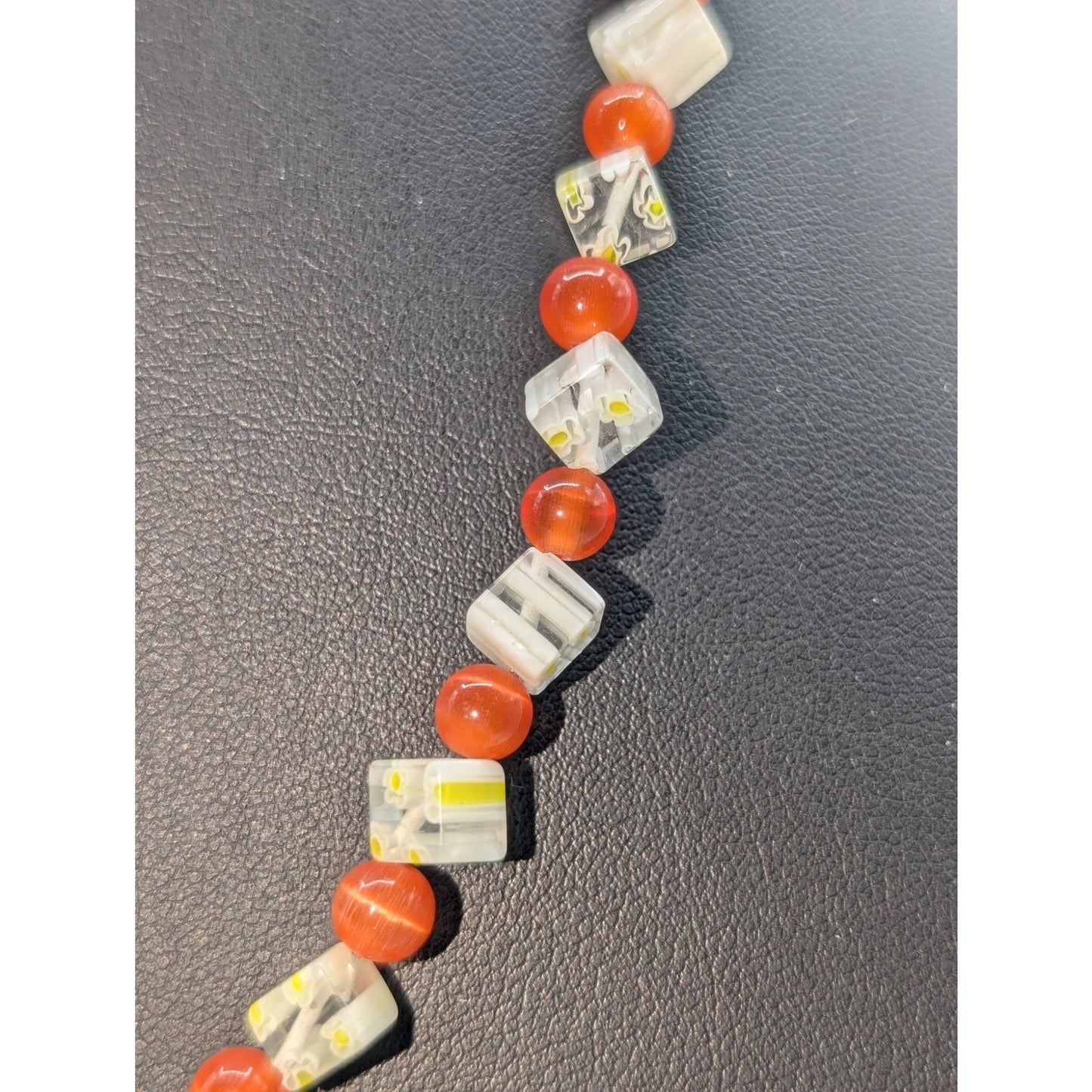 Orange Cat Eye Round & Clear Yellow Daisy Square Bead Toggle Clasp 25" Necklace