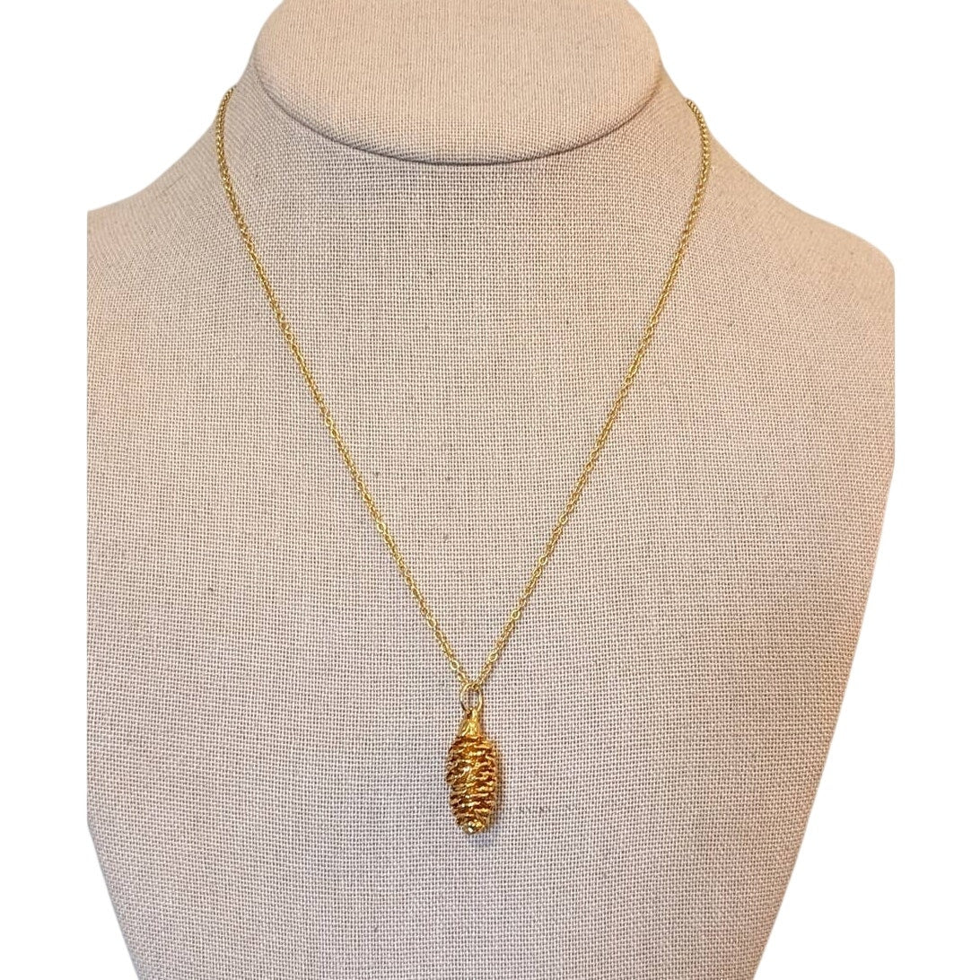 Gold Plated Pine Cone Necklace on 17" Gold Tone Chain