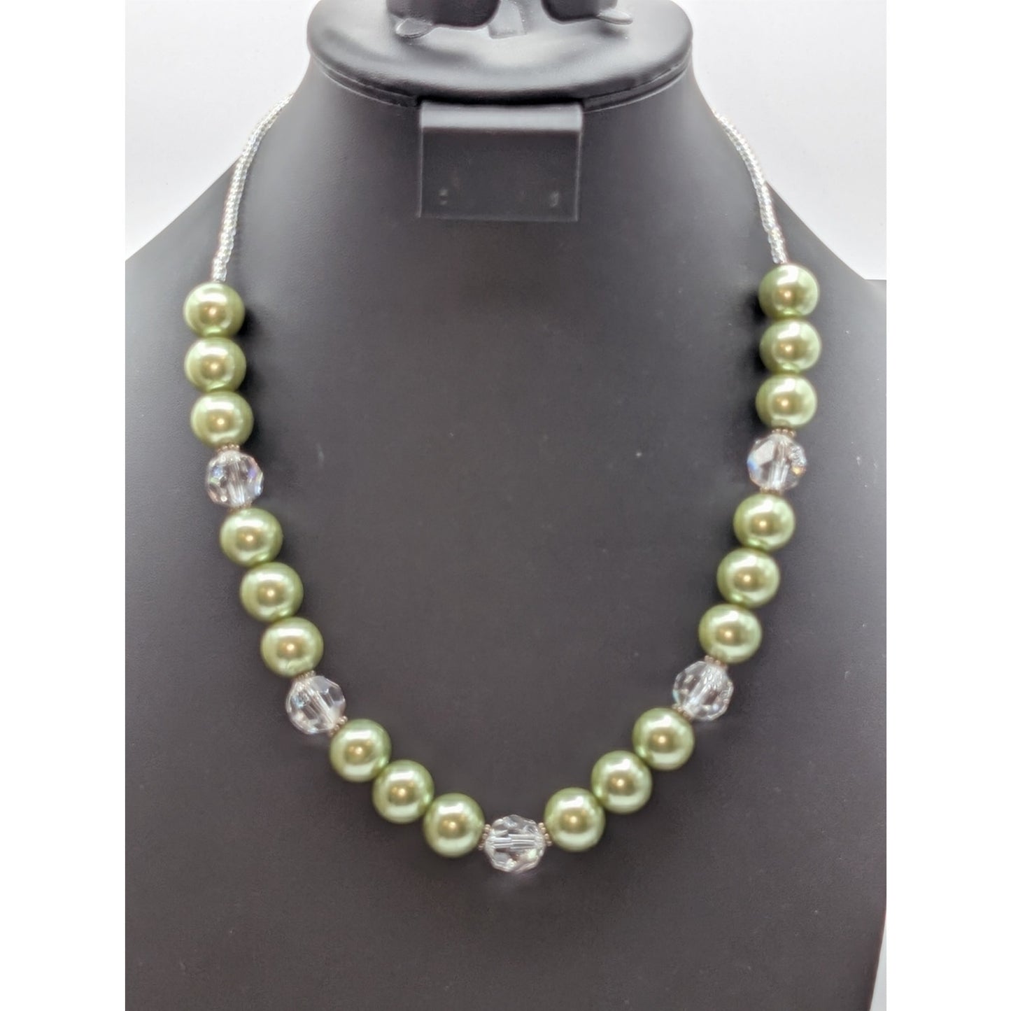 925 Sterling Silver Large Green Faux Pearl Glass Crystal Bead Necklace