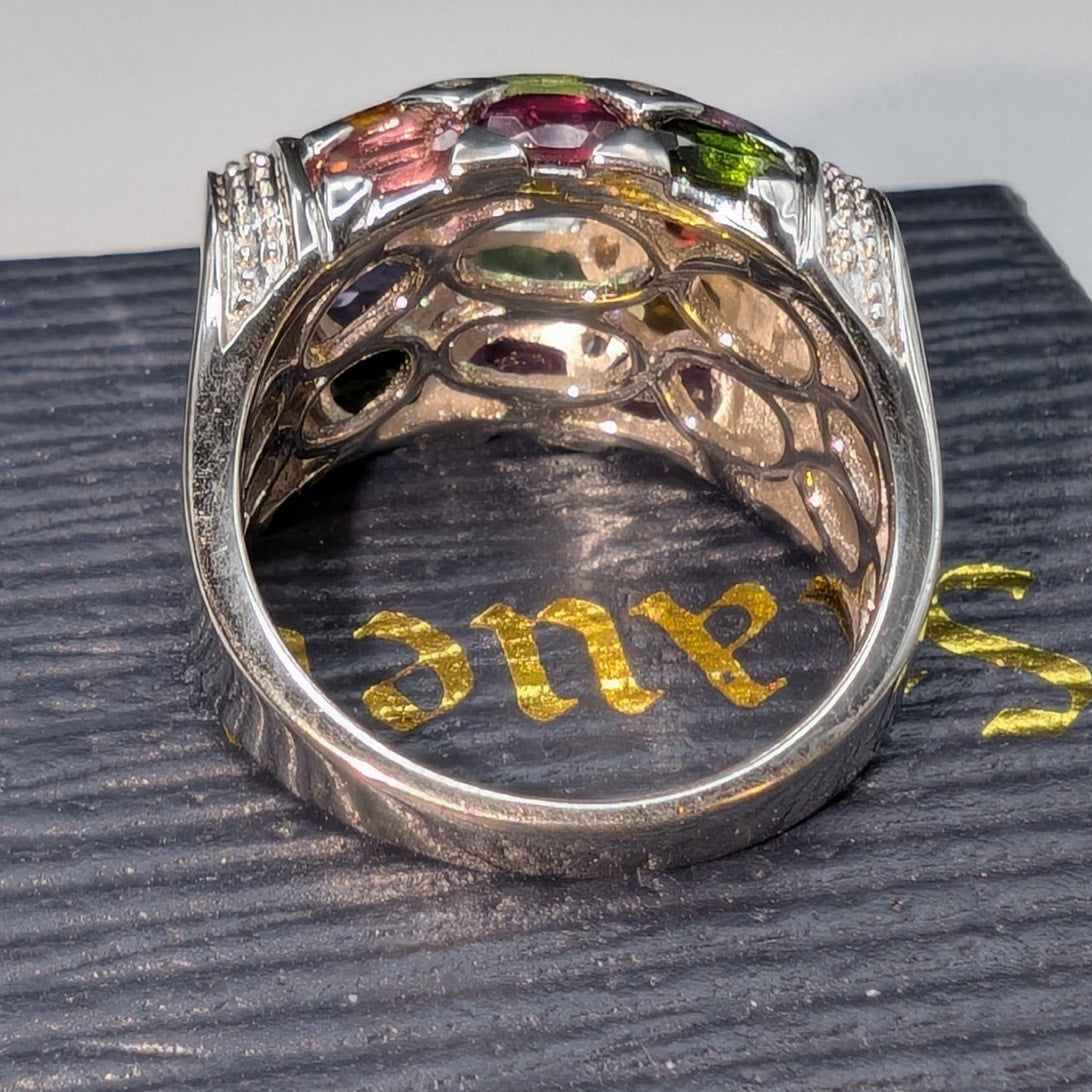 Vintage Stauer Rainbow Tourmaline Diamond 925 Sterling Silver Ring Size 7