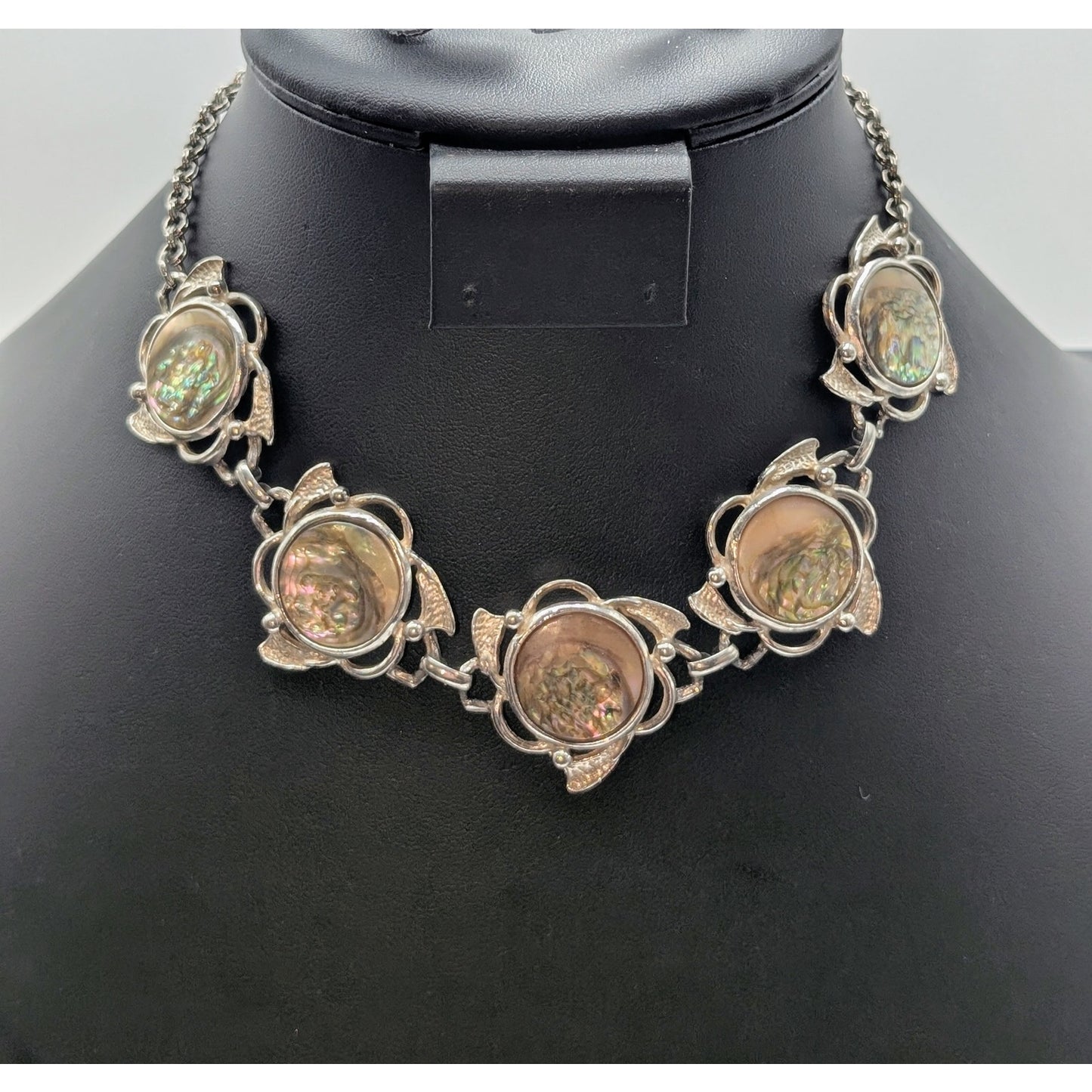 Vintage Silver Tone Abalone Shell Station Chain Hook Clasp 15" Choker Necklace