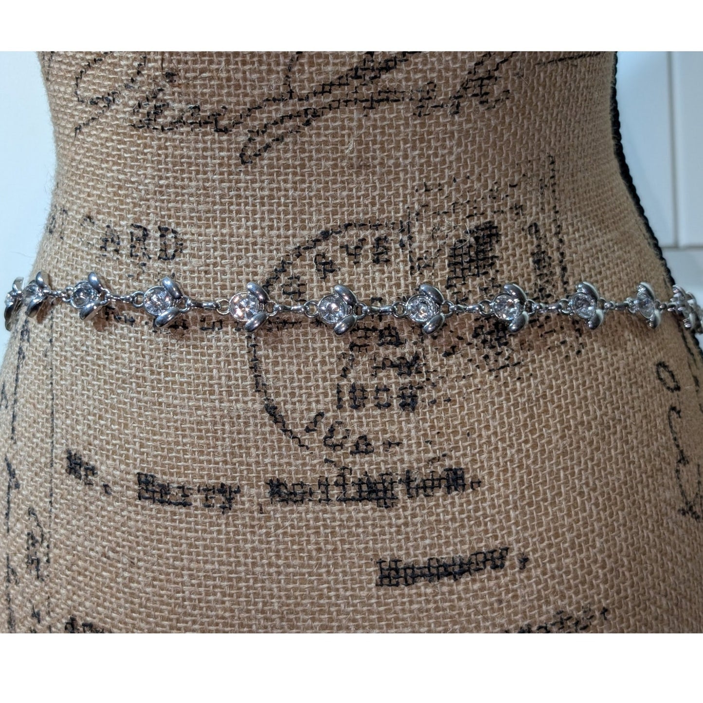 Vintage Silver Tone Rhinestone Chain Link Belt 32"-52"