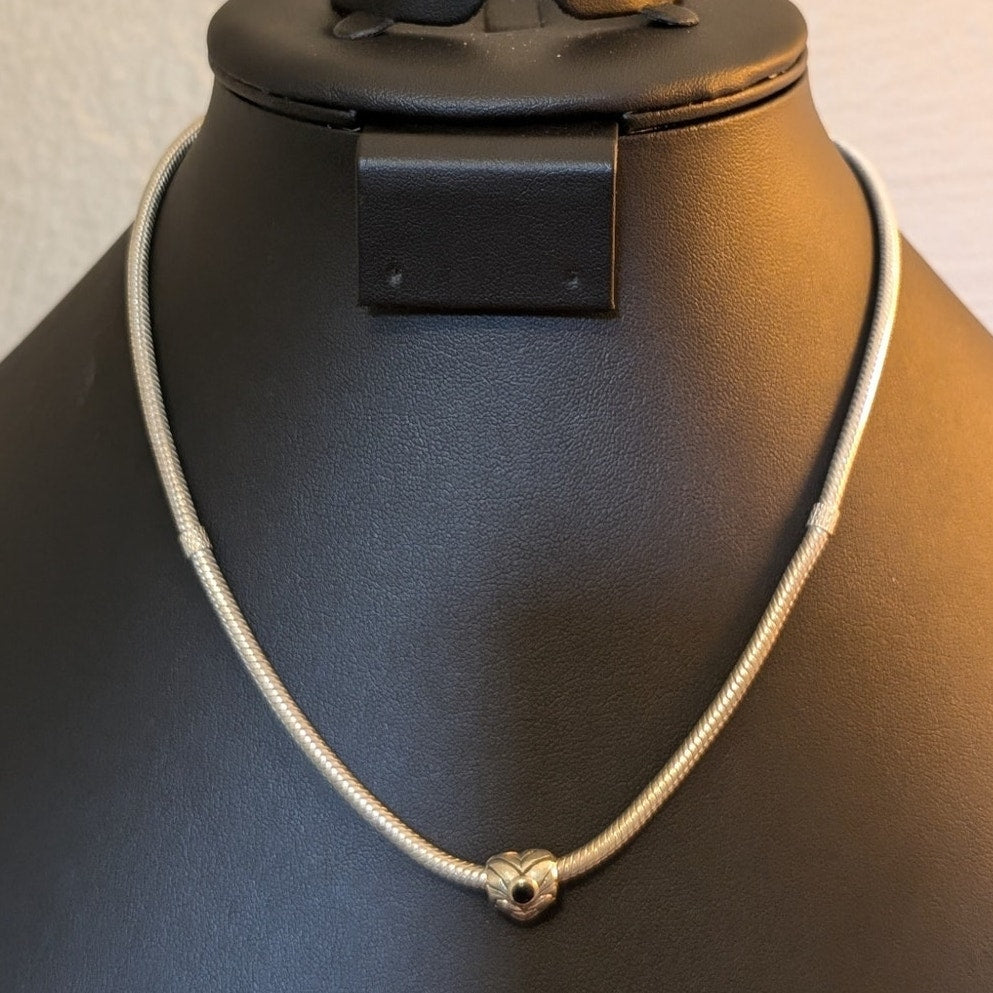 925 Sterling 16.5" Snake Chain Black Spinel Heart Sliding Charm 16.5" Necklace