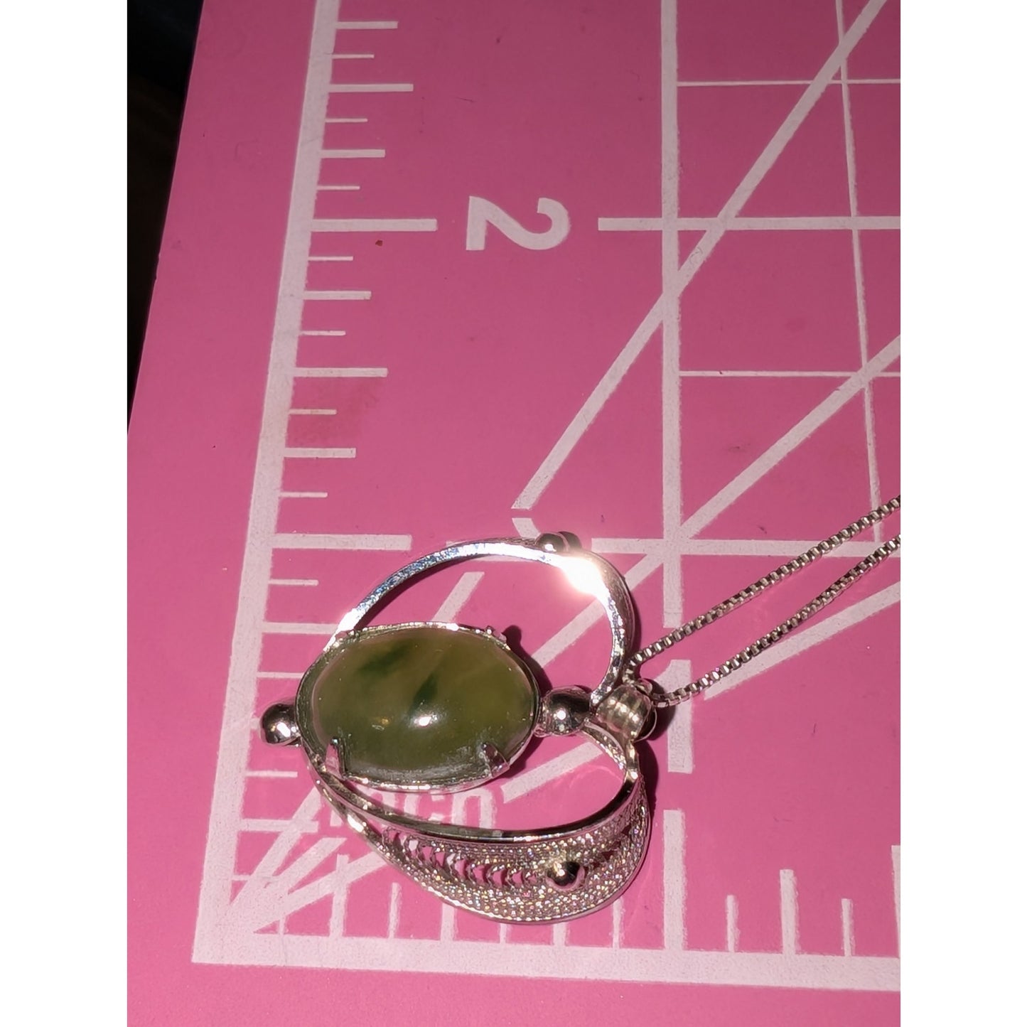 Vintage Sorrento Sterling Green Glass Cabochon Filigree Heart Pendant Necklace