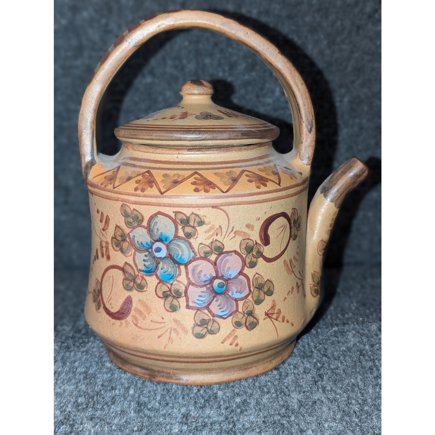 VTG Portugal Algarve Folk Art Mediterranean Pottery Signed Floral Lidded Teapot