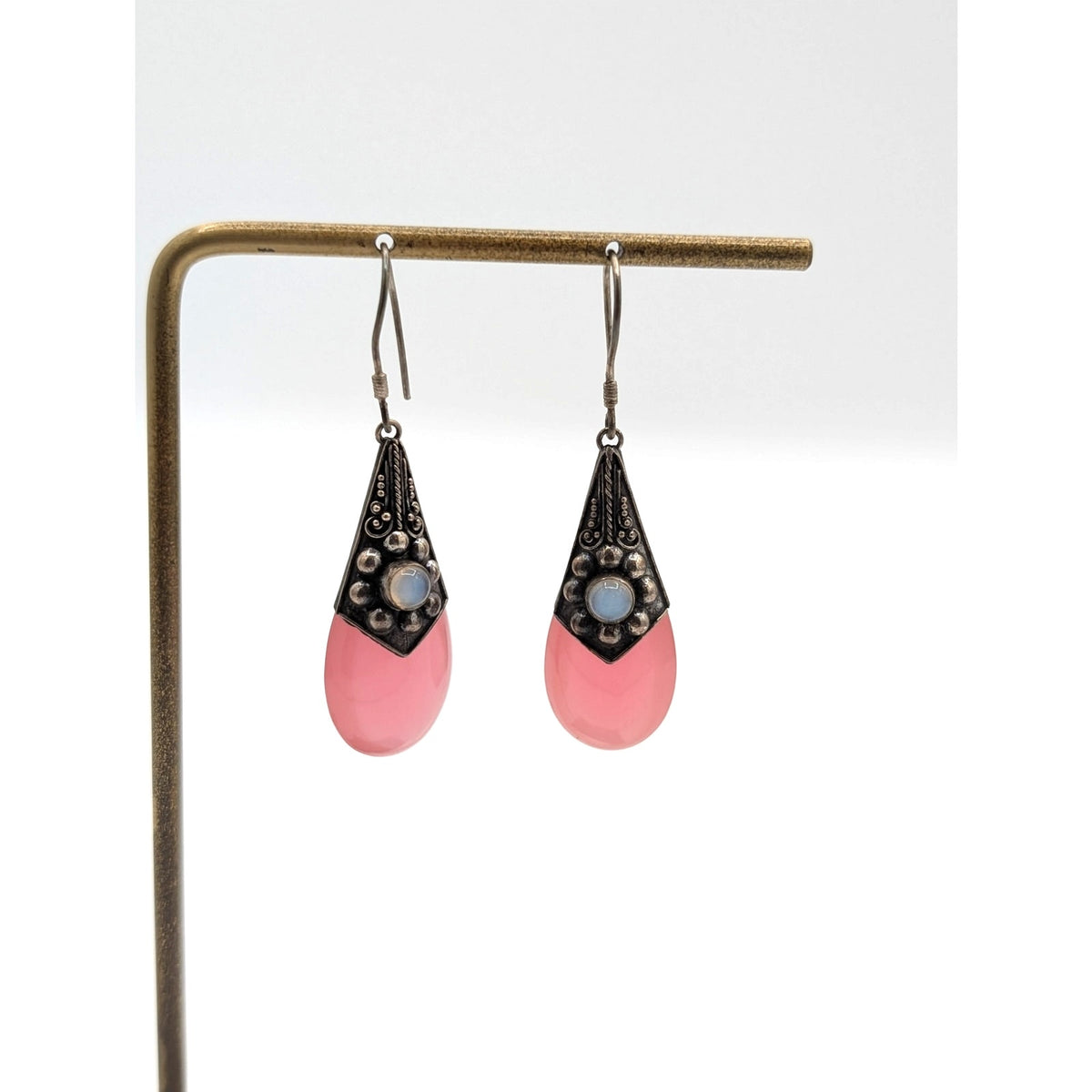 Vintage 925 Sterling Silver Pink Opalite Dangle Tribal Balinese Earrings