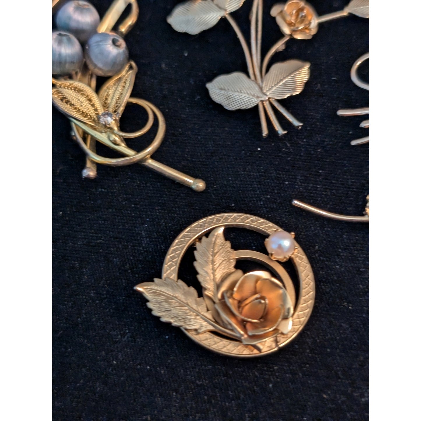 Lot of Six Vintage Gold Tone Rose Filigree Leaf Collage of Brooches