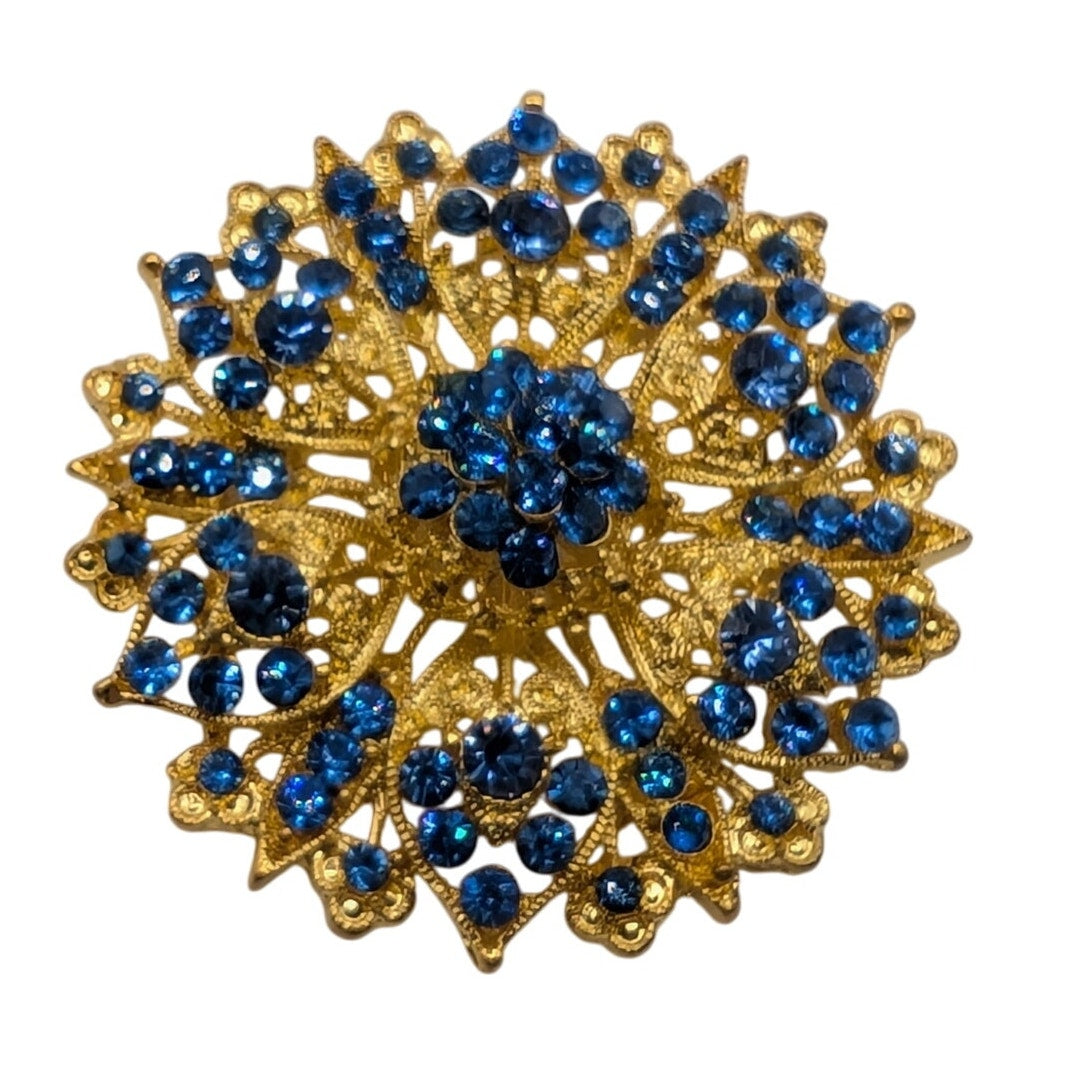 Gold Tone Blue Rhinestone Filigree Large Brooch