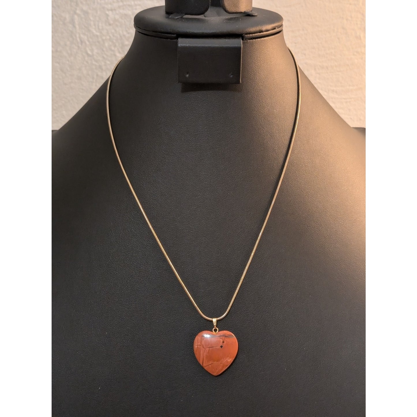 Red Jasper Stone Heart Pendant on Gold Tone Snake Chain Necklace
