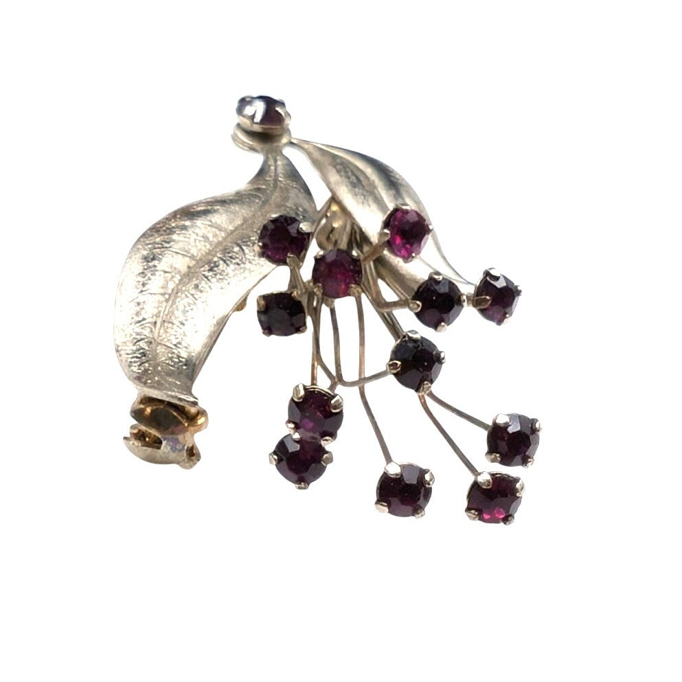 Vintage Garnet Rhinestone Spray of Wire Flowers & Leaves Silver Tone Brooch
