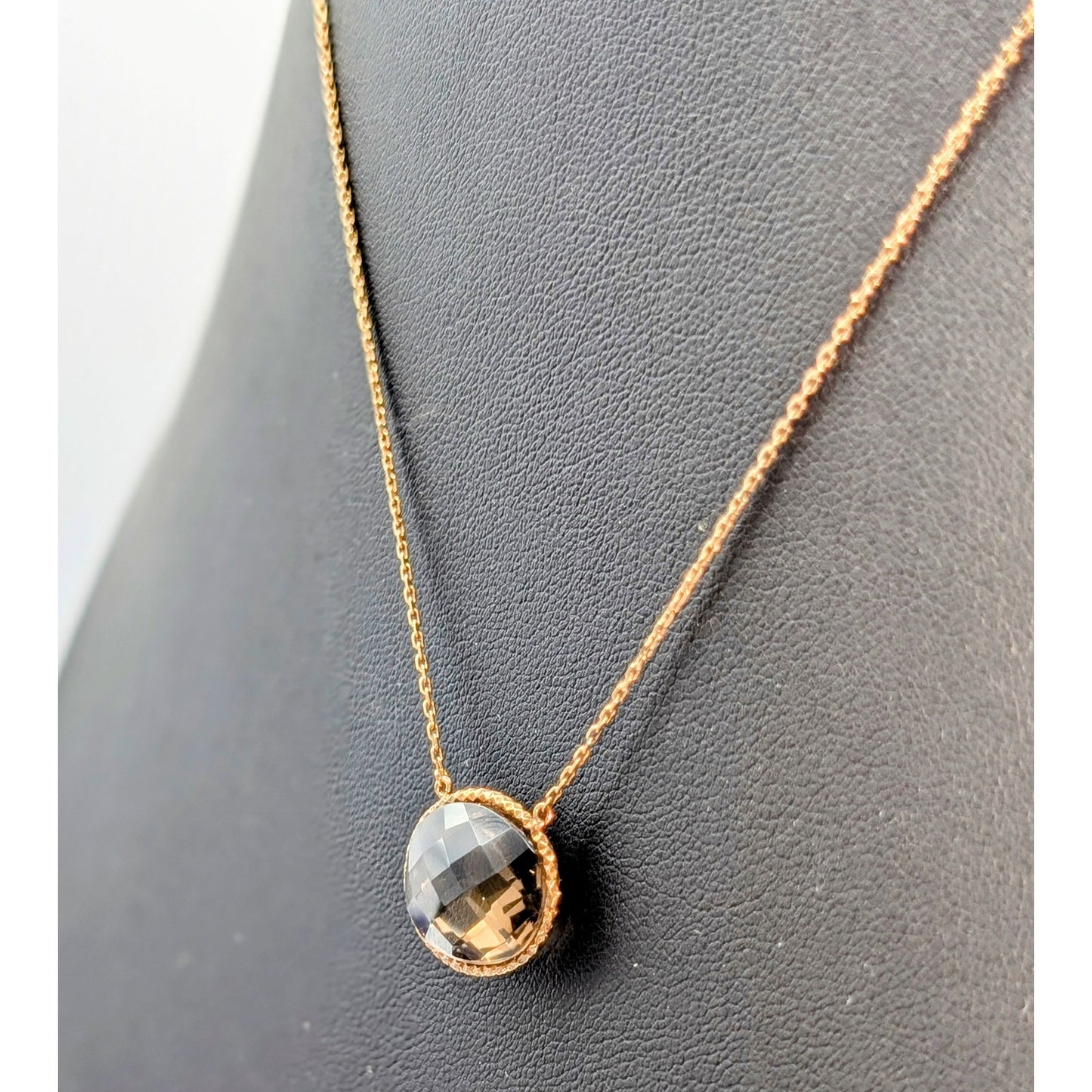 925 Sterling Gold Vermeil Faceted Bezel Set Smoky Quartz Pendant Chain Necklace