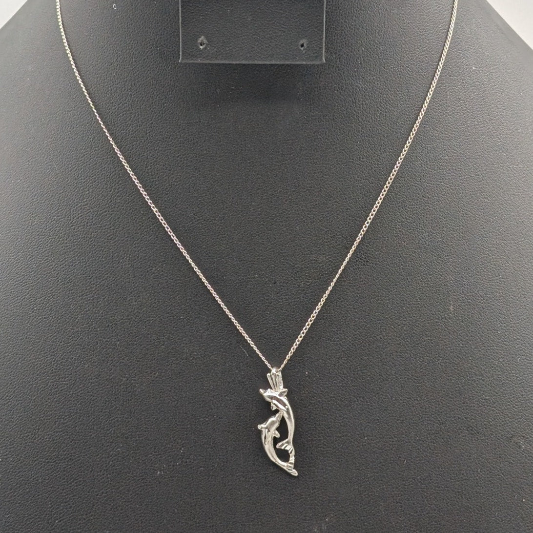 925 Sterling Silver Two Dolphins Playing Pendant 16" Chain Necklace