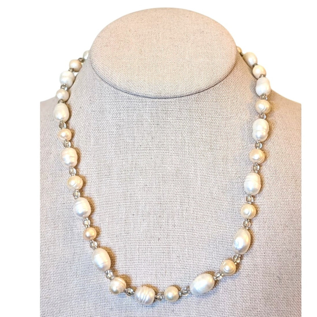 Freshwater Baroque Pearl Necklace W/ Clear Glass Bead Barrel Clasp 19" Necklace