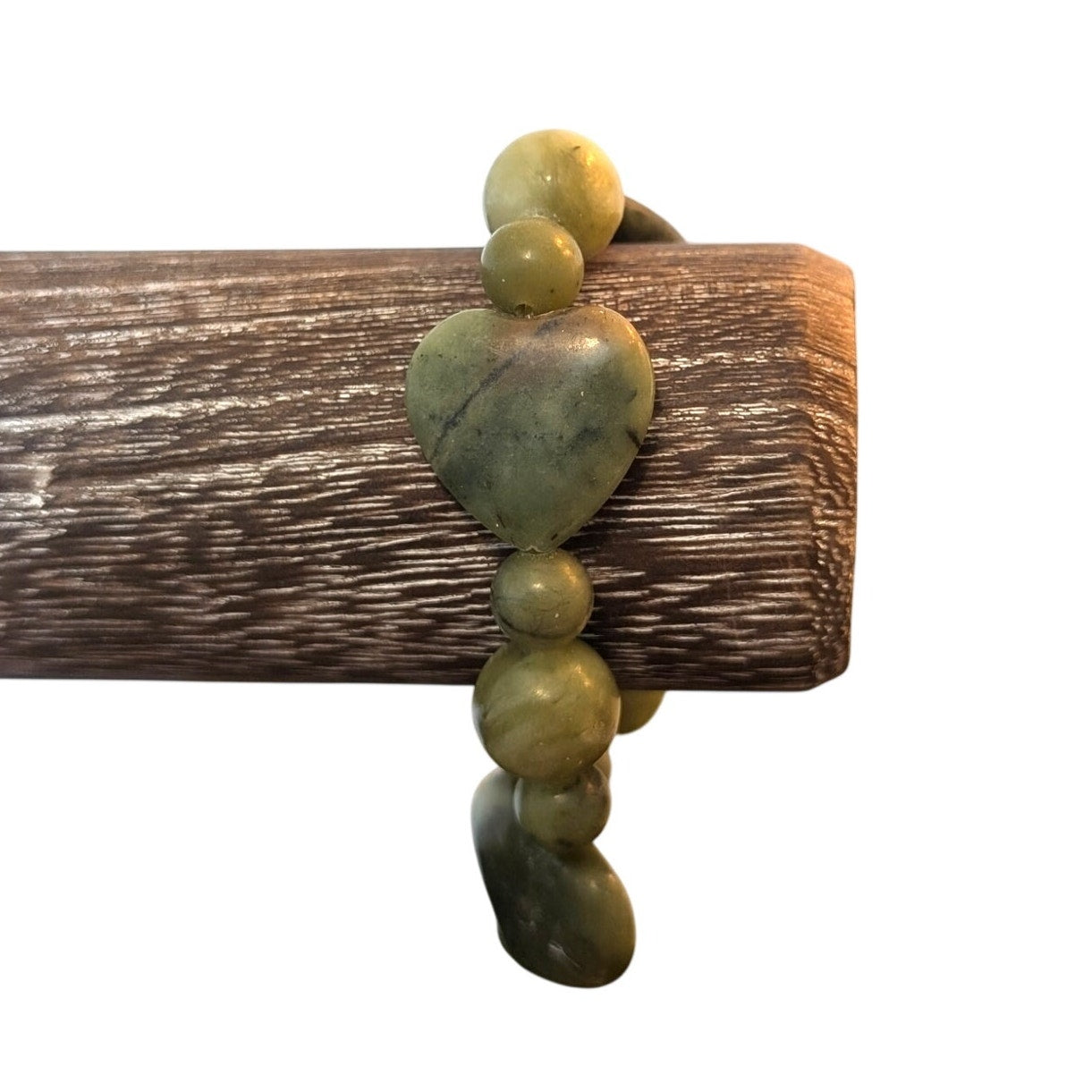 Green Stone Heart Round Bead Stretch Bracelet