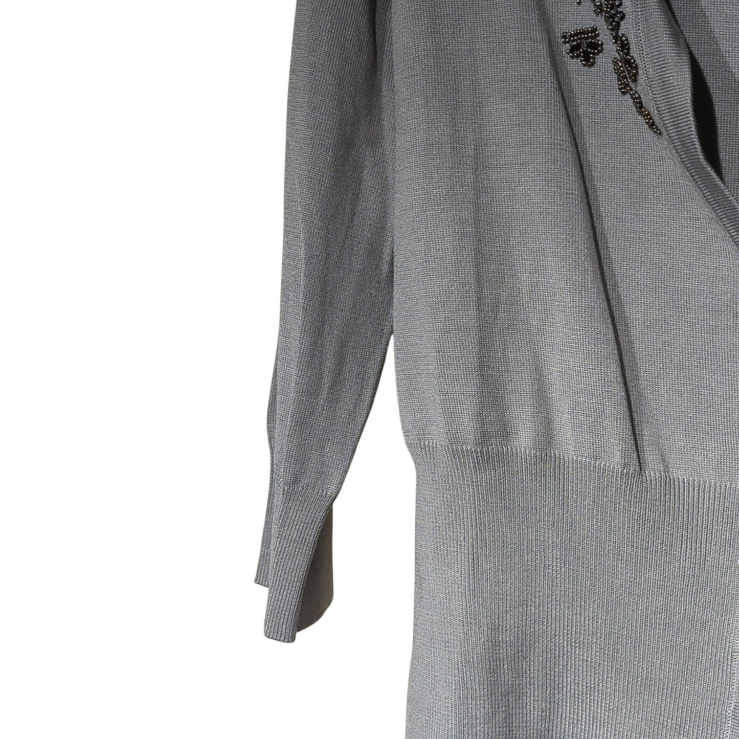 Talbots Gray Silk Blend Beaded Sweater Set Wide Rib Hem 3/4 Sleeves Women's Sz L