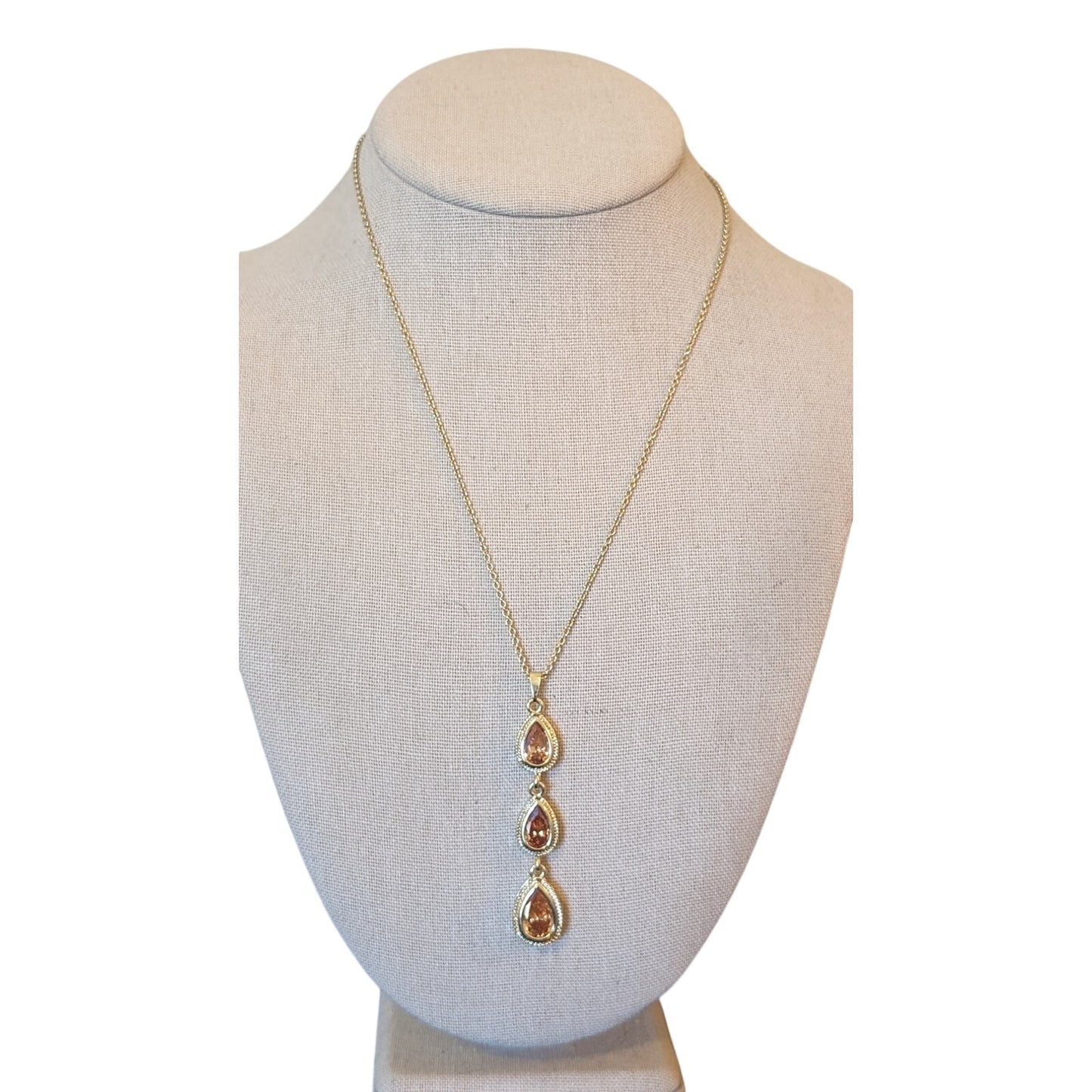 Three Teardrop Crystal Dangle Pendant Gold Tone Necklace