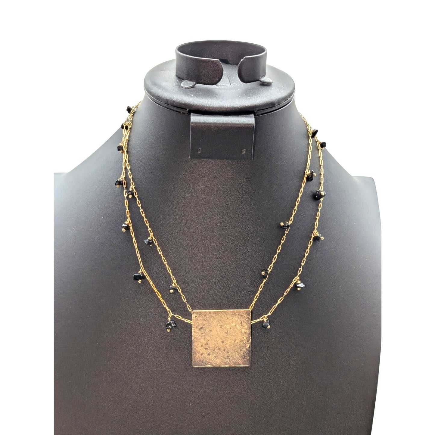 BP Gold Tone Two Strand Black Stone Chip Dangle Square 18"-19.5" Necklace