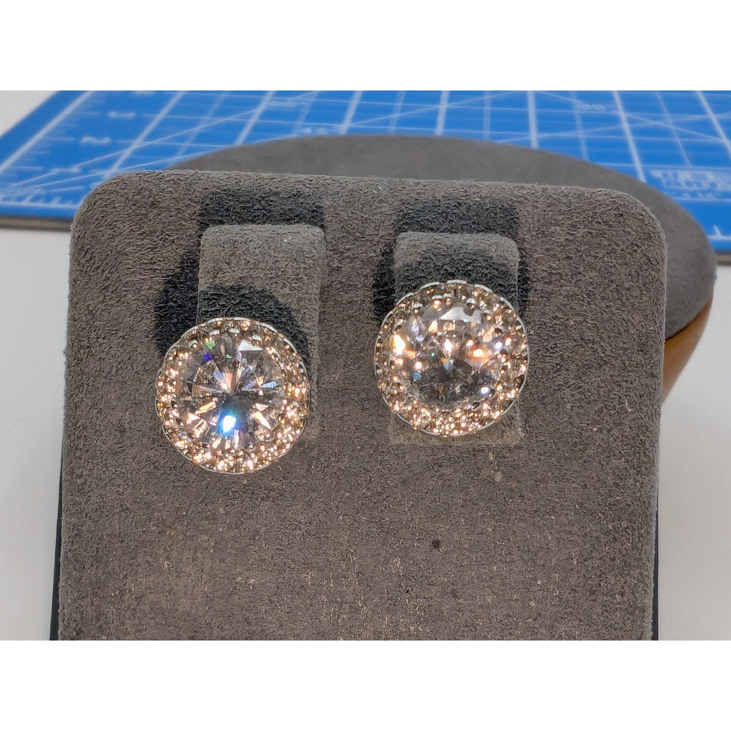 925 Sterling Silver CZ Halo Surround Raised Basket Setting Stud Post Earrings