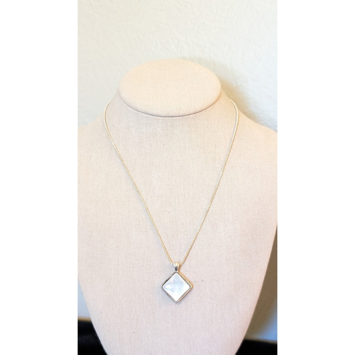Sterling Silver Two-Sided Mother of Pearl Filigree Pendant Mesh Chain Necklace