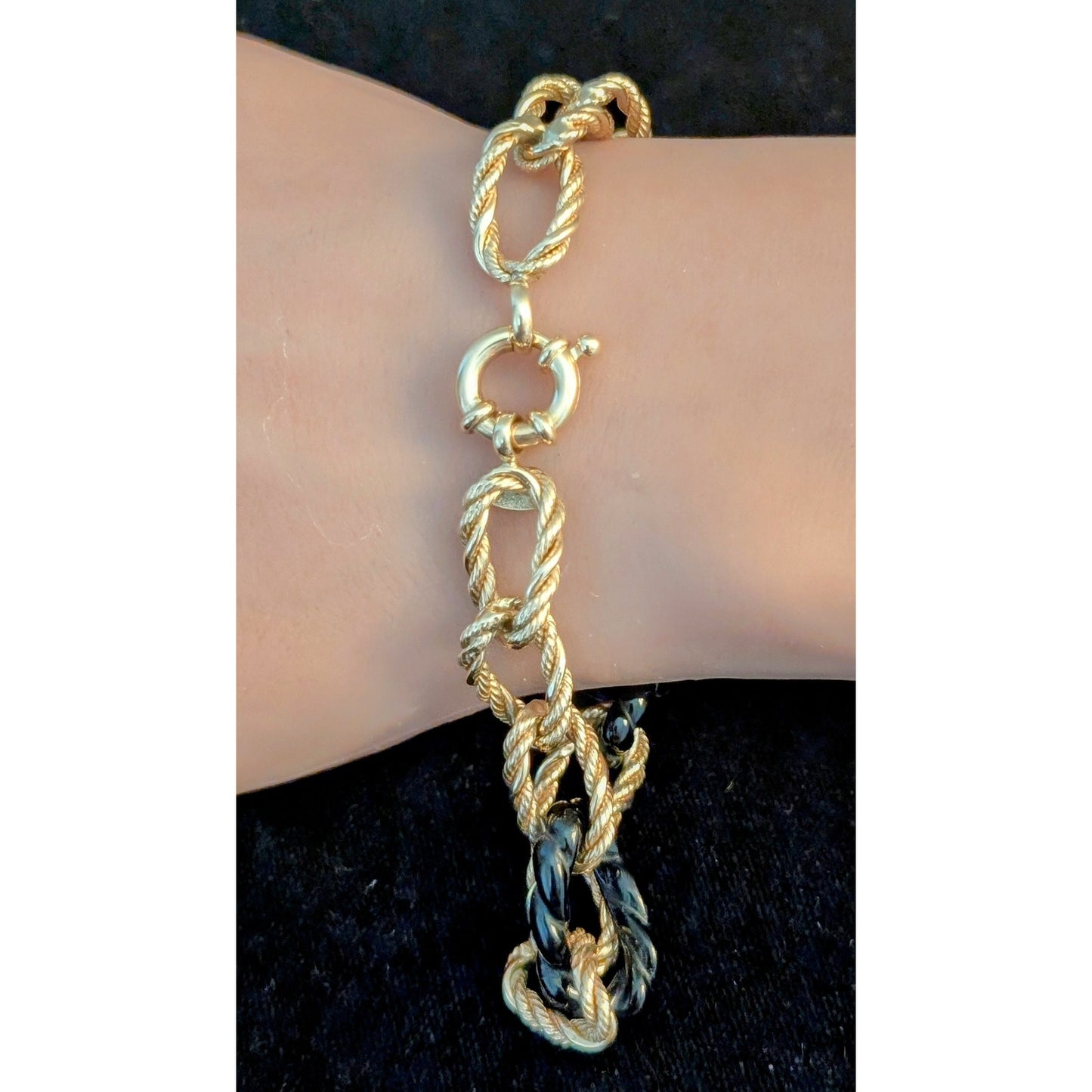 14k Twisted Gold & Black Chain Link Bracelet w/ Mariner's Clasp