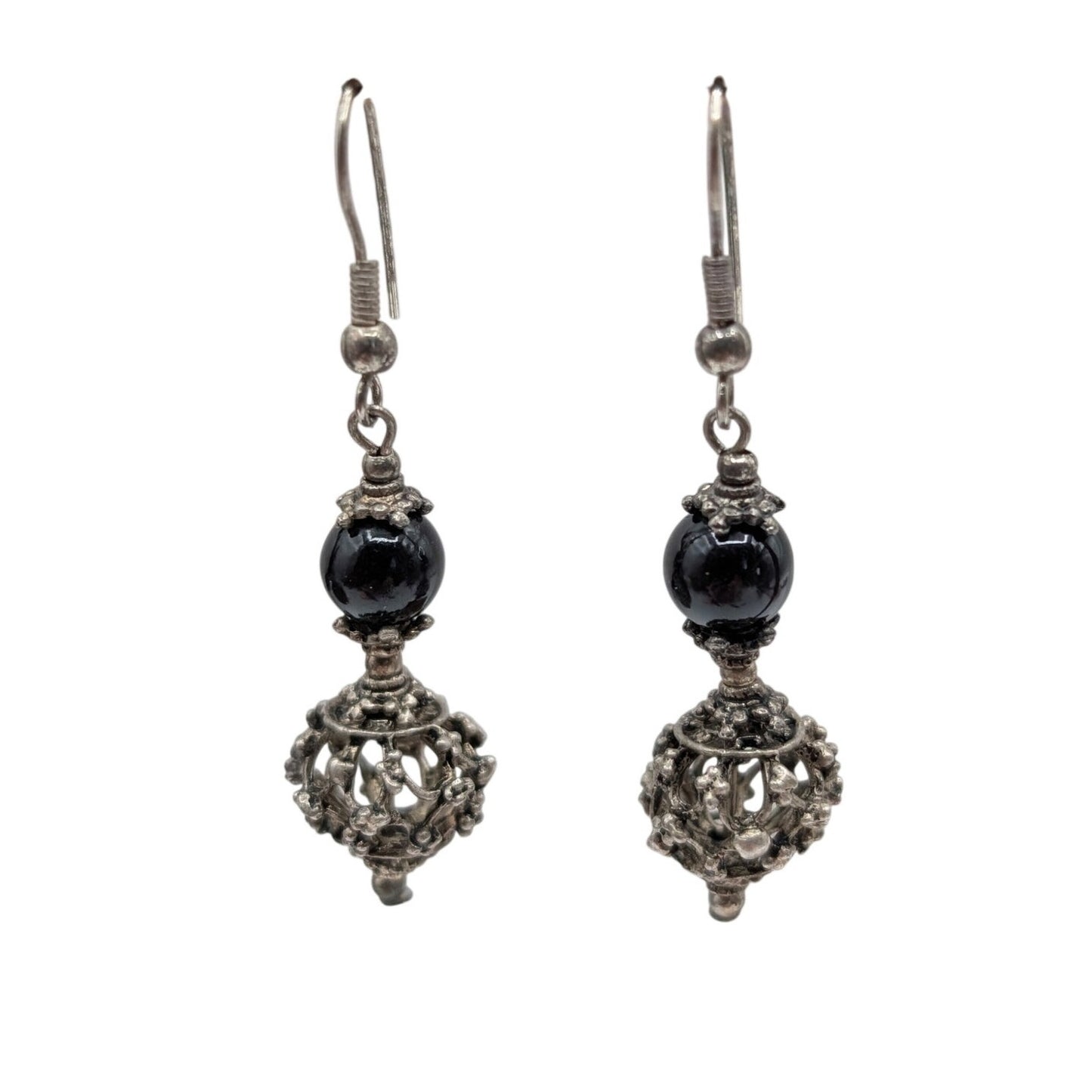 Black Glass & Lacy Silver Tone Ball Bead Dangle Wire Earrings