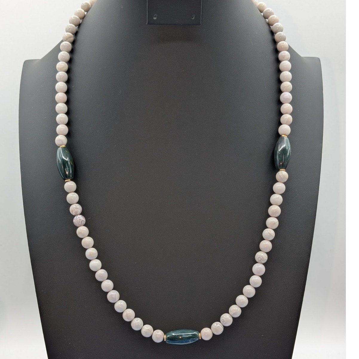 Vintage Jasper & Green Stone Beaded Patent Pending Gold Tone Clasp 26" Necklace