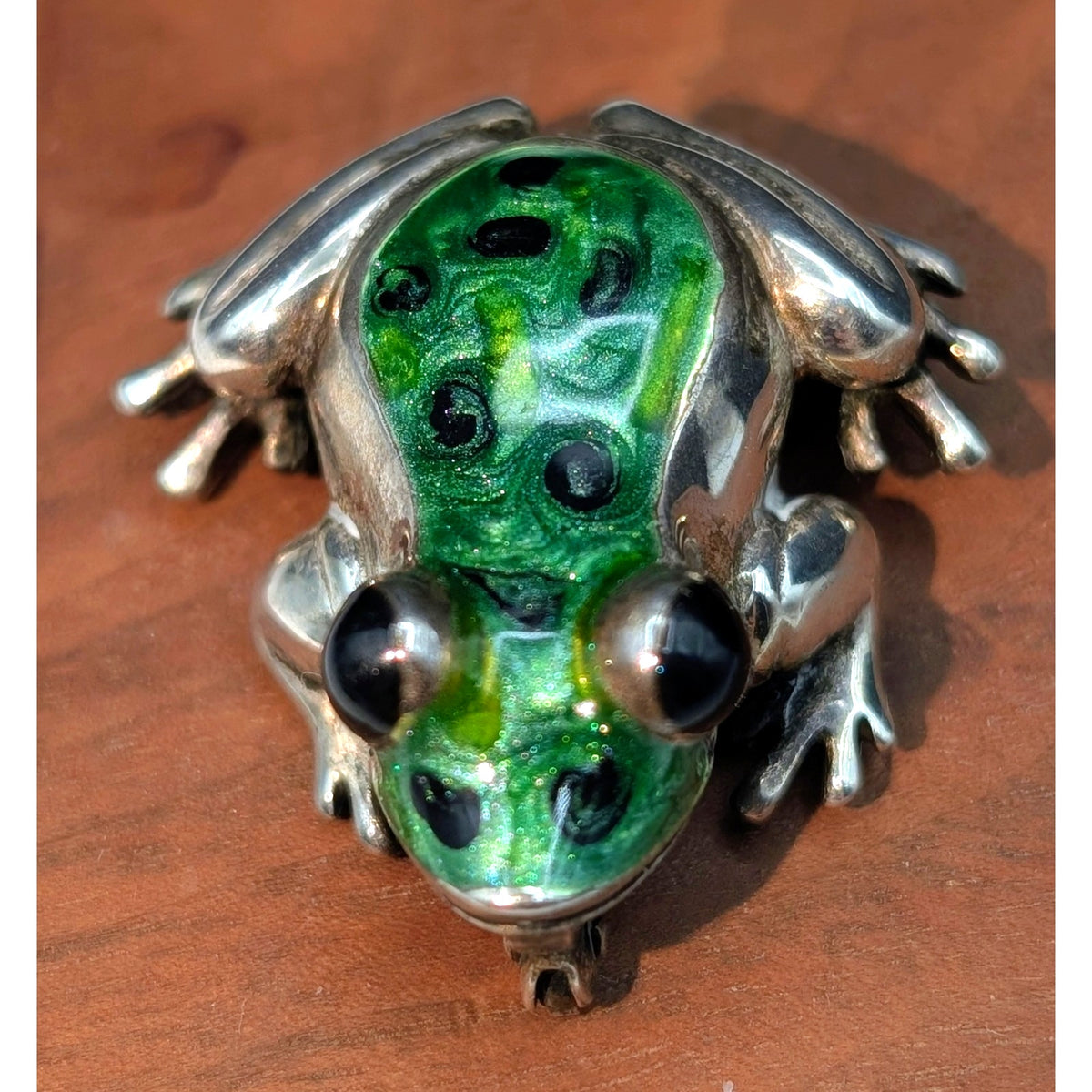Vtg 925 Italy Sterling Hand-Painted Green Spotted Enamel Frog Brooch 11.14g
