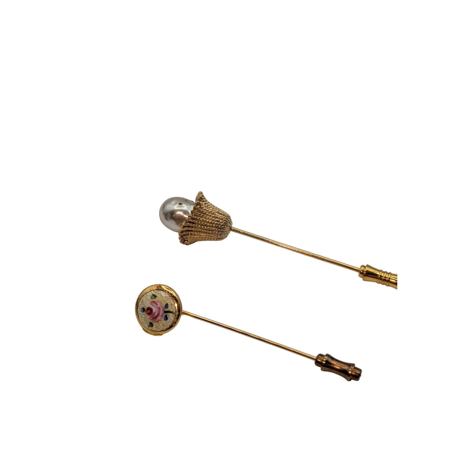 Lot of Two Vintage Gold Tone Stick Pins One Faux Pearl & One Enamel Rose Locket