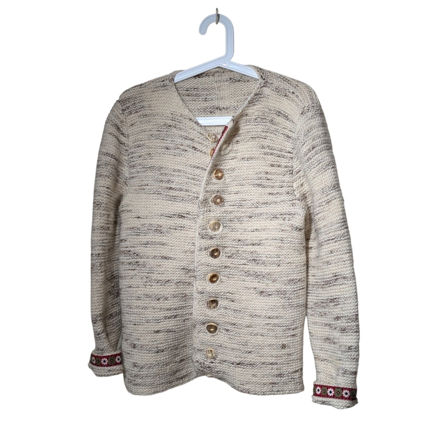 Vintage Hand Knit Cream Marled Swiss Ribbon Accents Button Cardigan Sz S/M