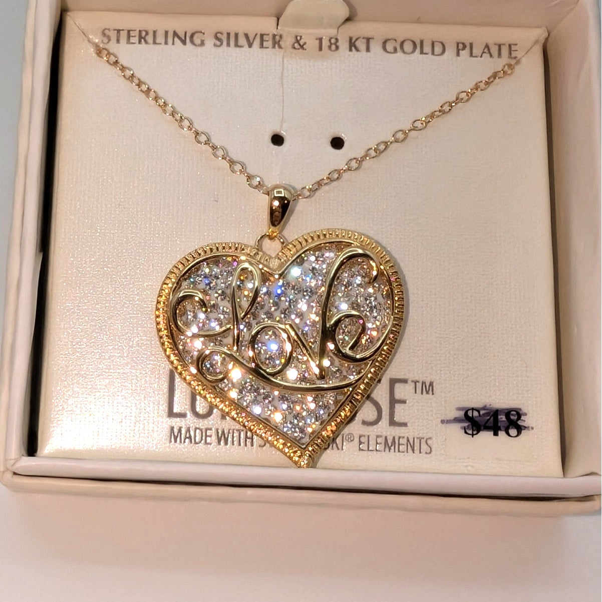 Luminesse Sterling Silver 18 KT Gold Plated Crystal Heart Love Pendant Necklace