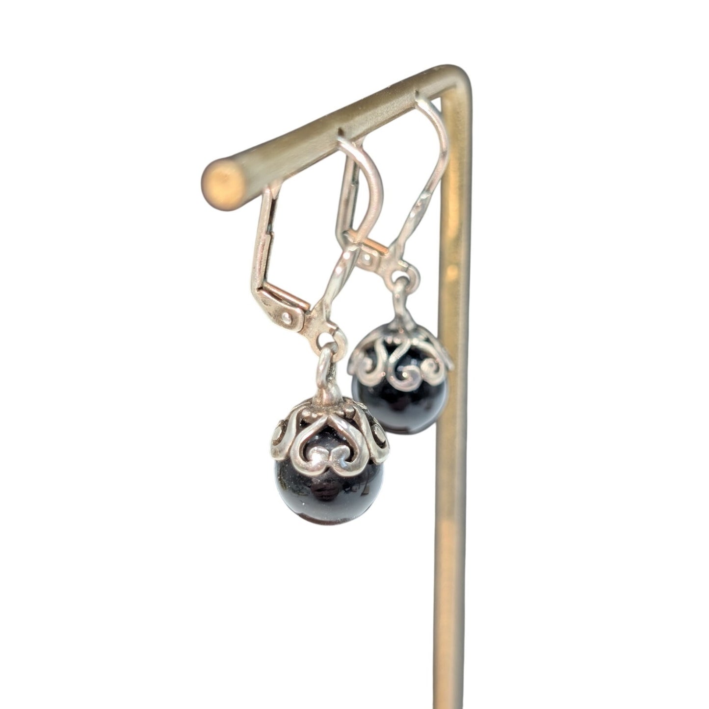 Silver Tone Black Stone or Glass Bead Filigree Lever Back Dangle Earrings