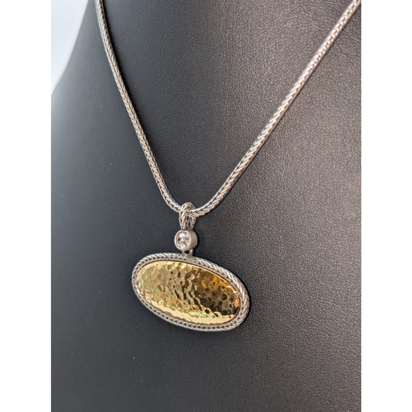 Premier Designs Two Tone Hammered Pendant CZ Wheat Chain 16.5"-18"Necklace