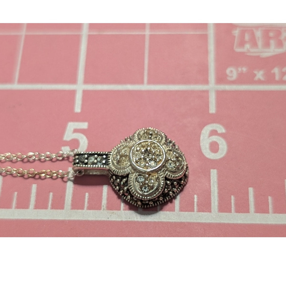 Vintage Sterling Floral Sparkly Crystal Two Tone Pendant 18" Necklace