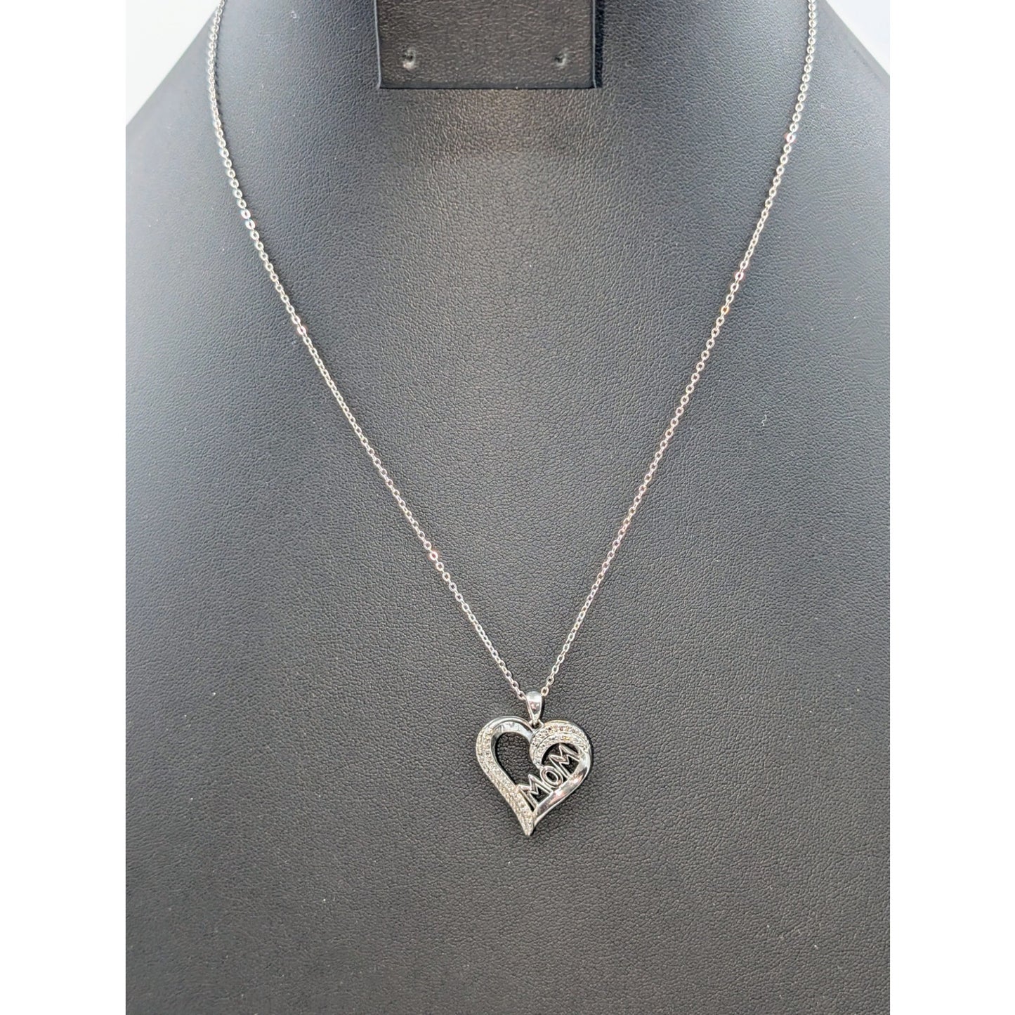 1/10 CT T.W. Diamond 'Mom' Heart 925 Sterling Silver Pendant 18" Chain Necklace