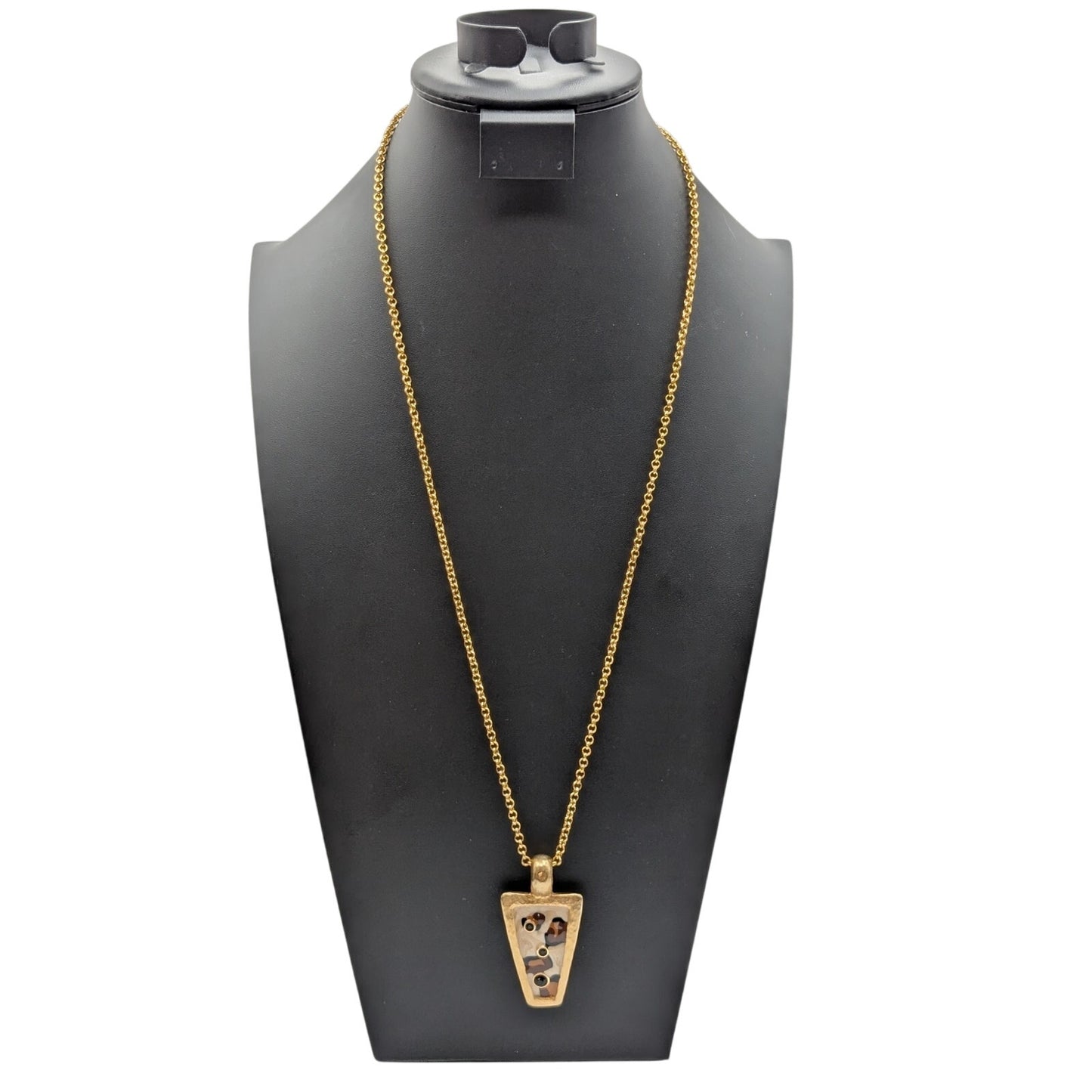 Hammered Gold Tone Animal Enamel Bezel Set Rhinestone Pendant 30" Necklace