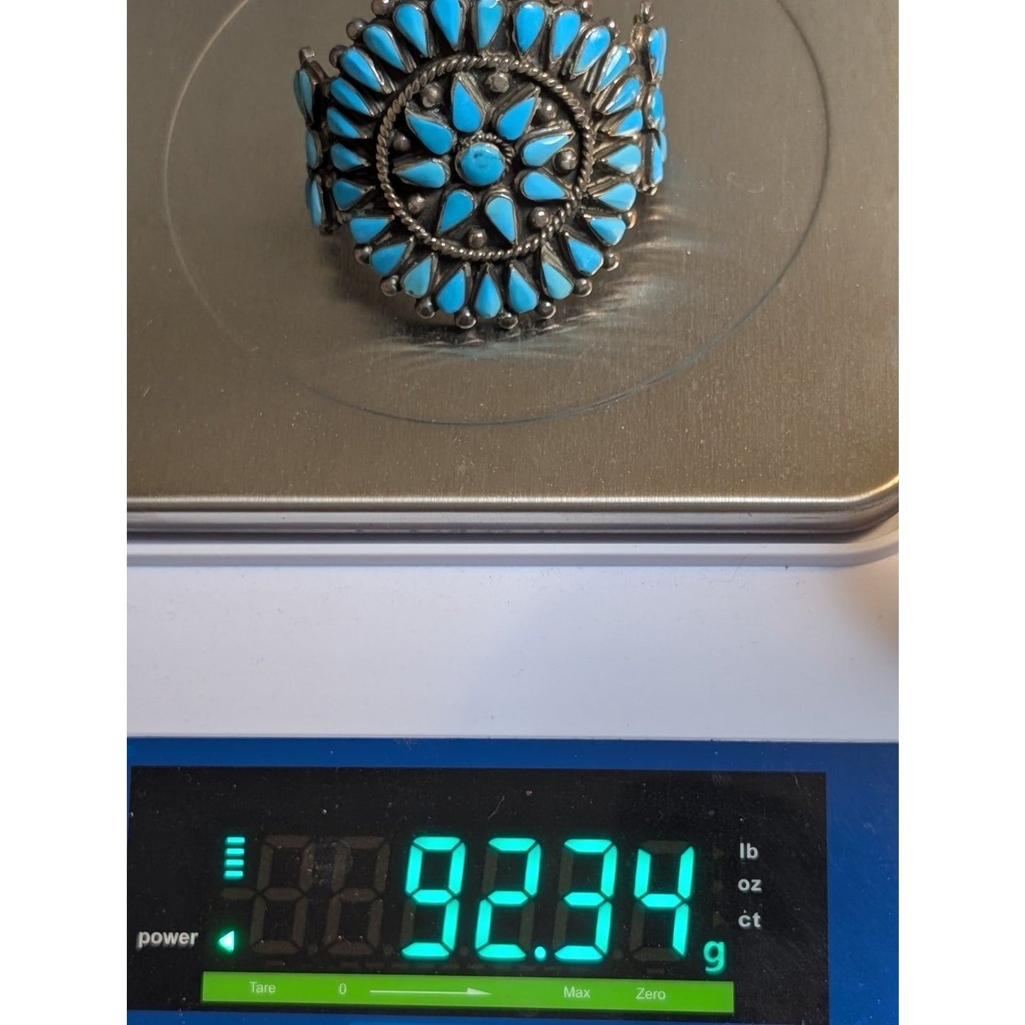 VTG Native ZUNI Sterling Silver TURQUOISE Flower Blossom Cuff Bracelet 92.34g