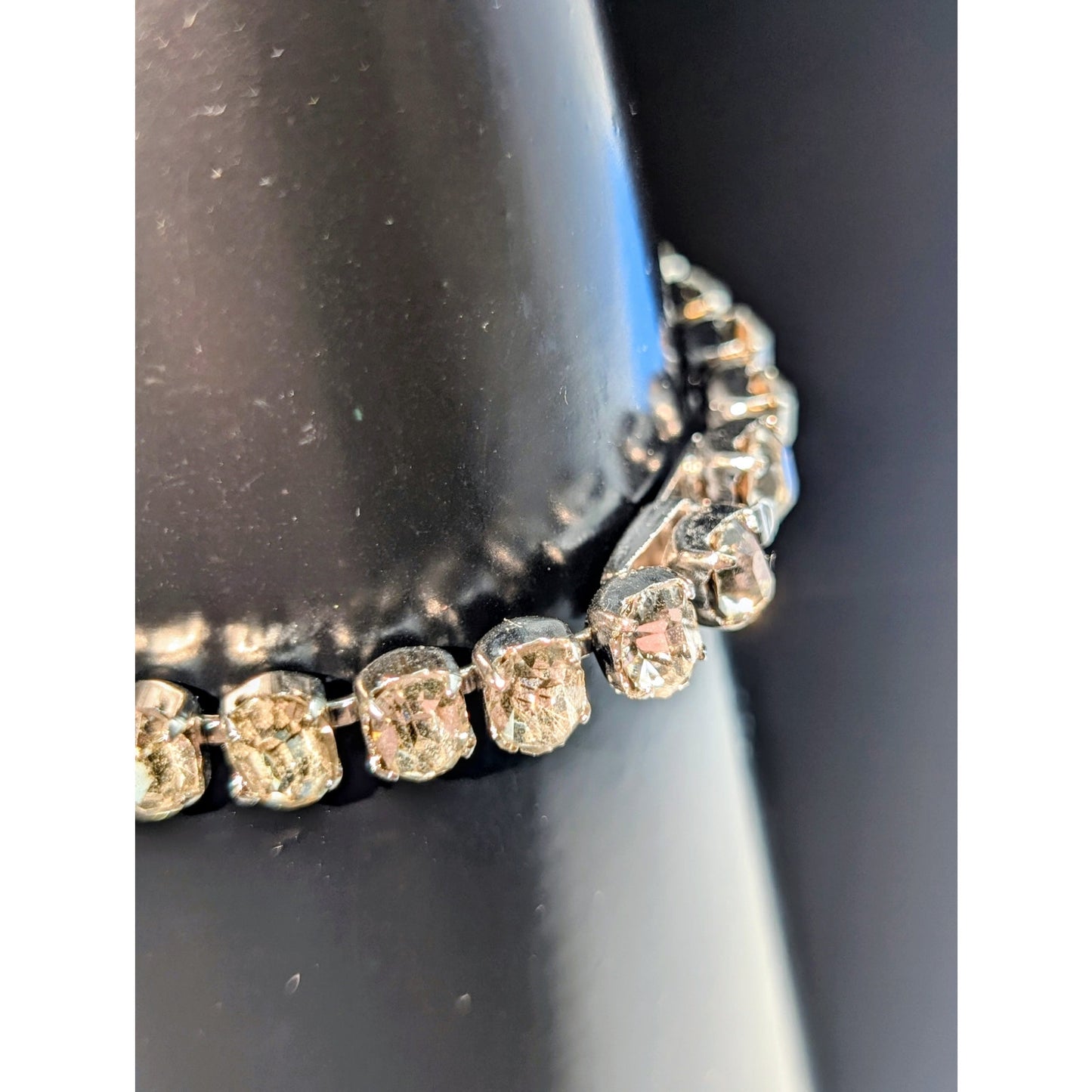 Vintage Oval Rhinestone Tennis Bracelet W/ Hand Signed Clasp