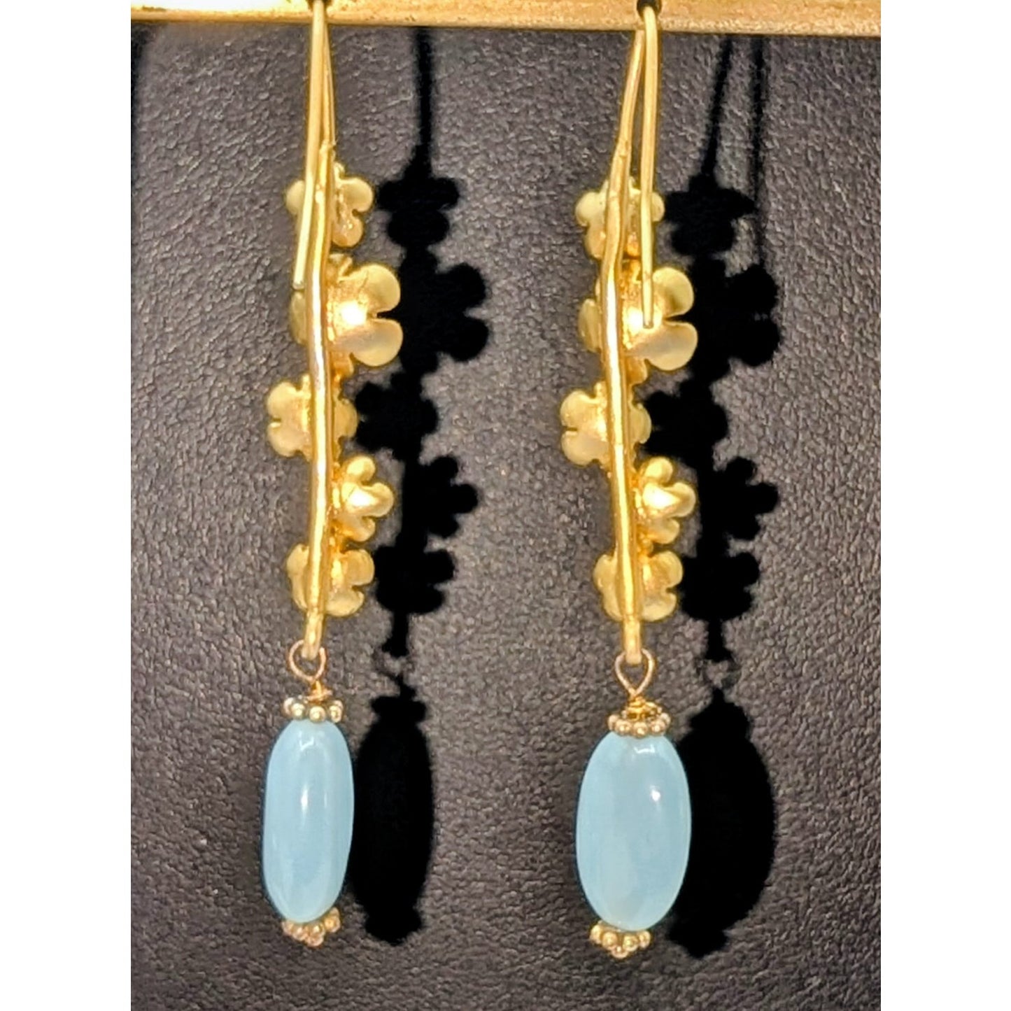 Brushed Gold Tone Flower Drop Chalcedony Glass Bead Pierced Earrings