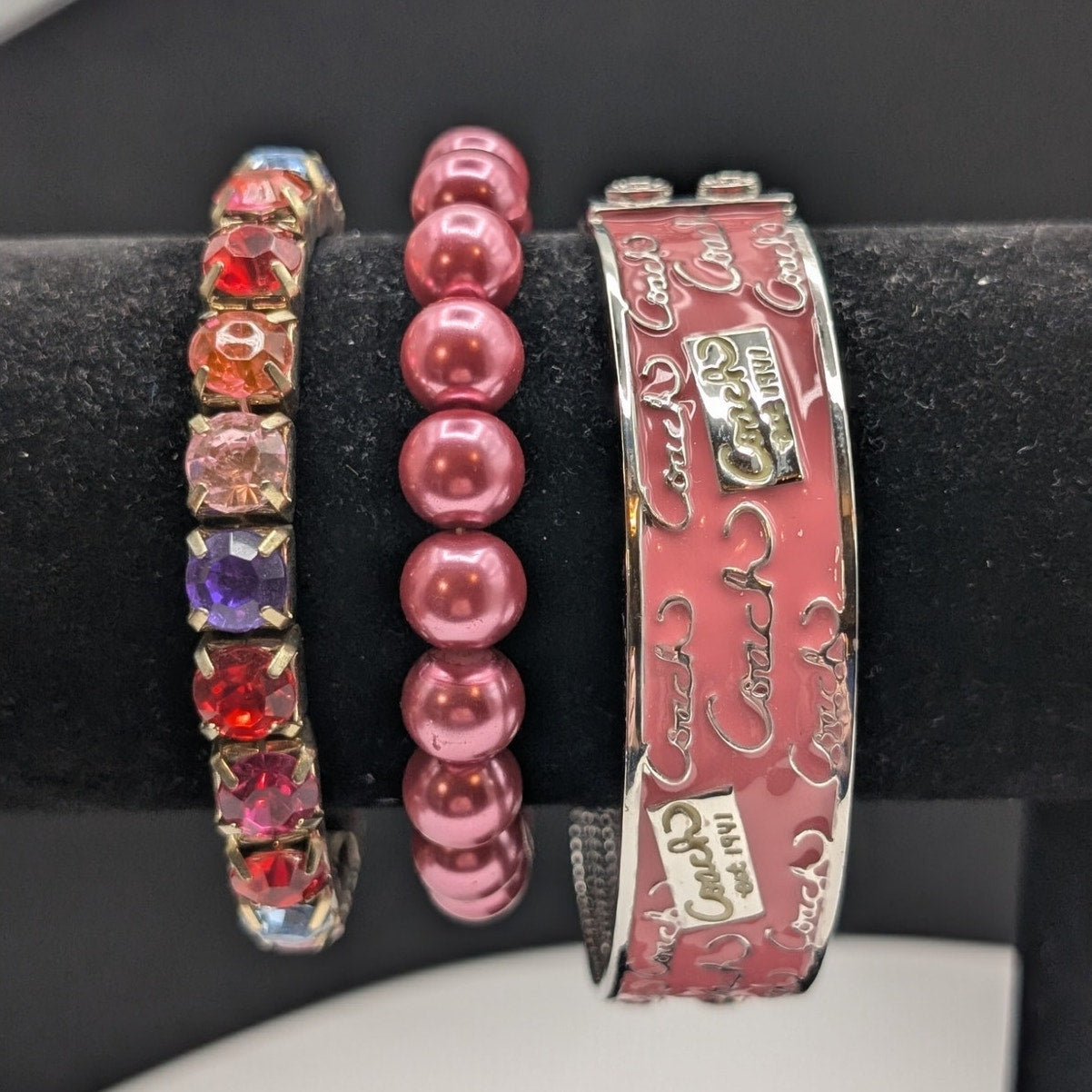 Lot of Three Pink Theme Bracelets Two Stretch & One Bangle Not Hinged