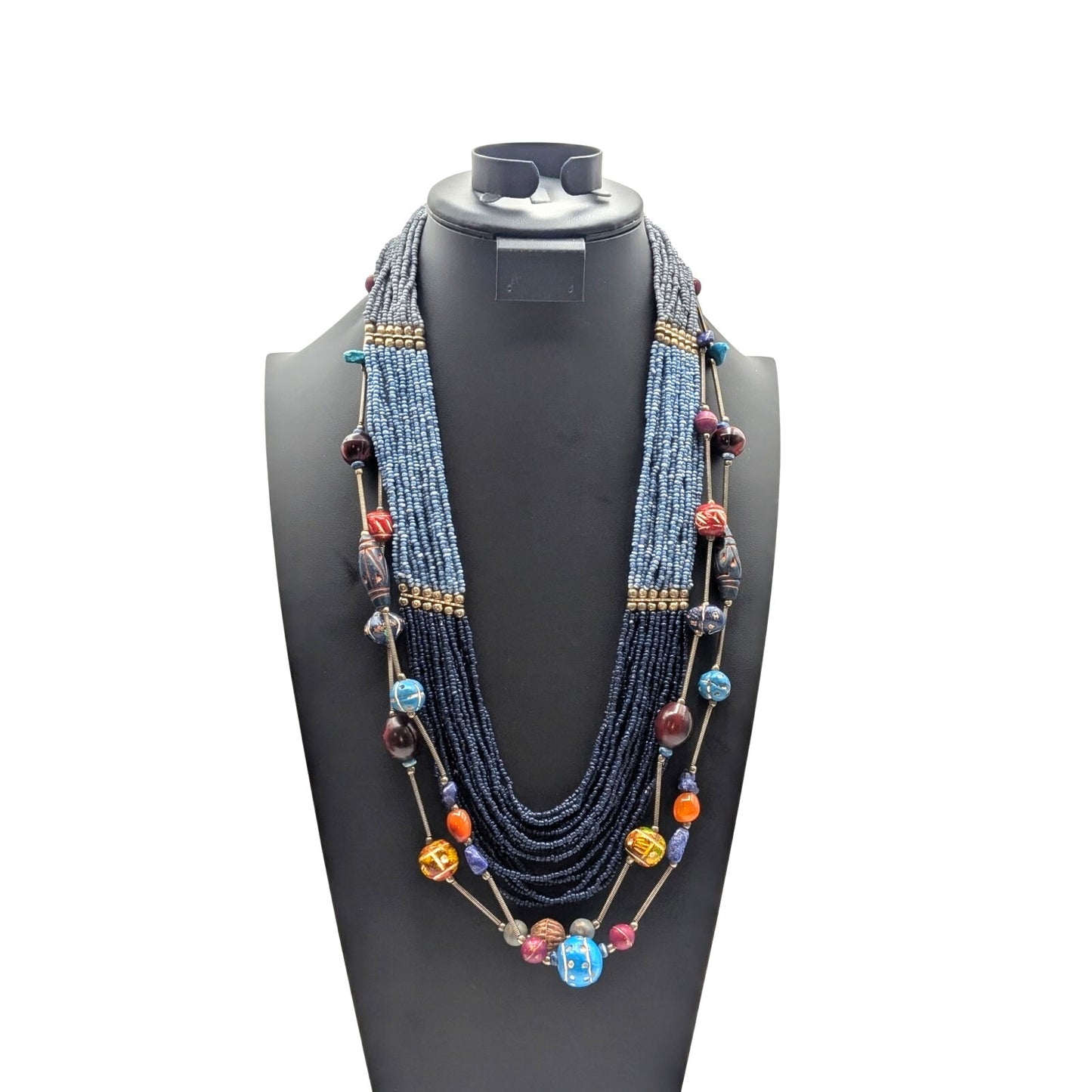 Lot of Two Vintage Silver Tone Beaded Tribal Style Necklaces