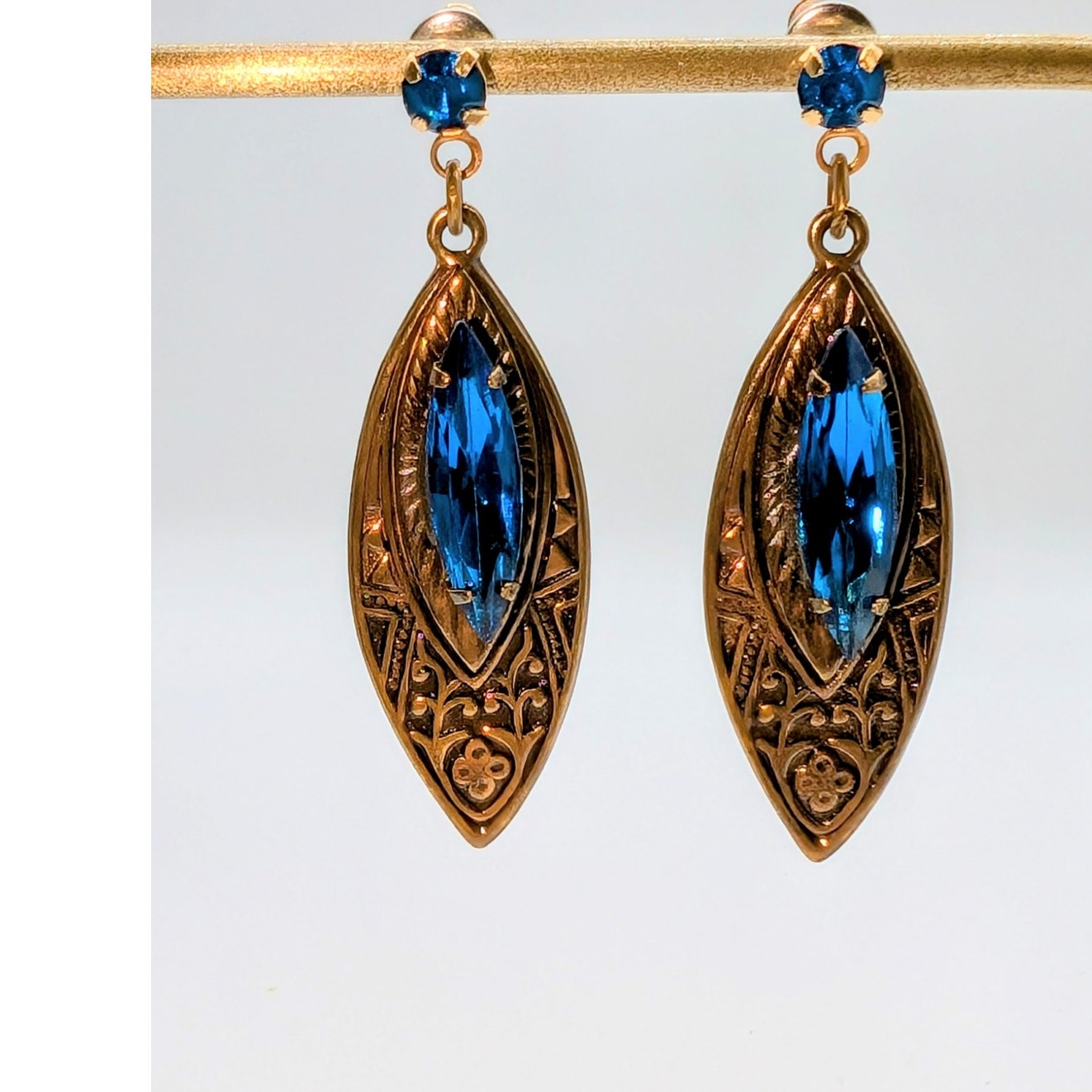 VTG Signed SADIE GREEN Bronze Marquis Blue Renaissance Revival Dangle Earrings