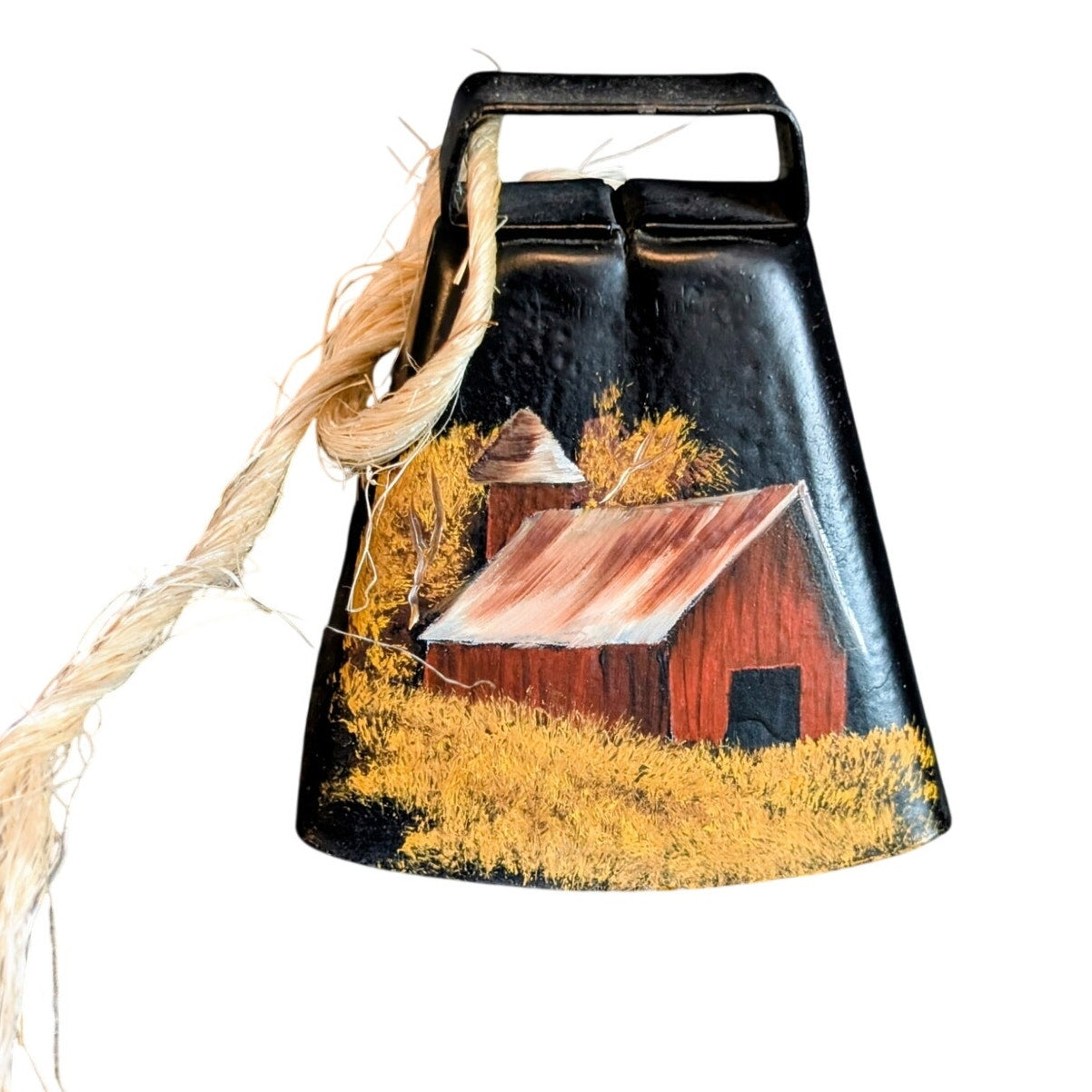 Rustic Country Barn Scene Black Painted Metal Cow Bell